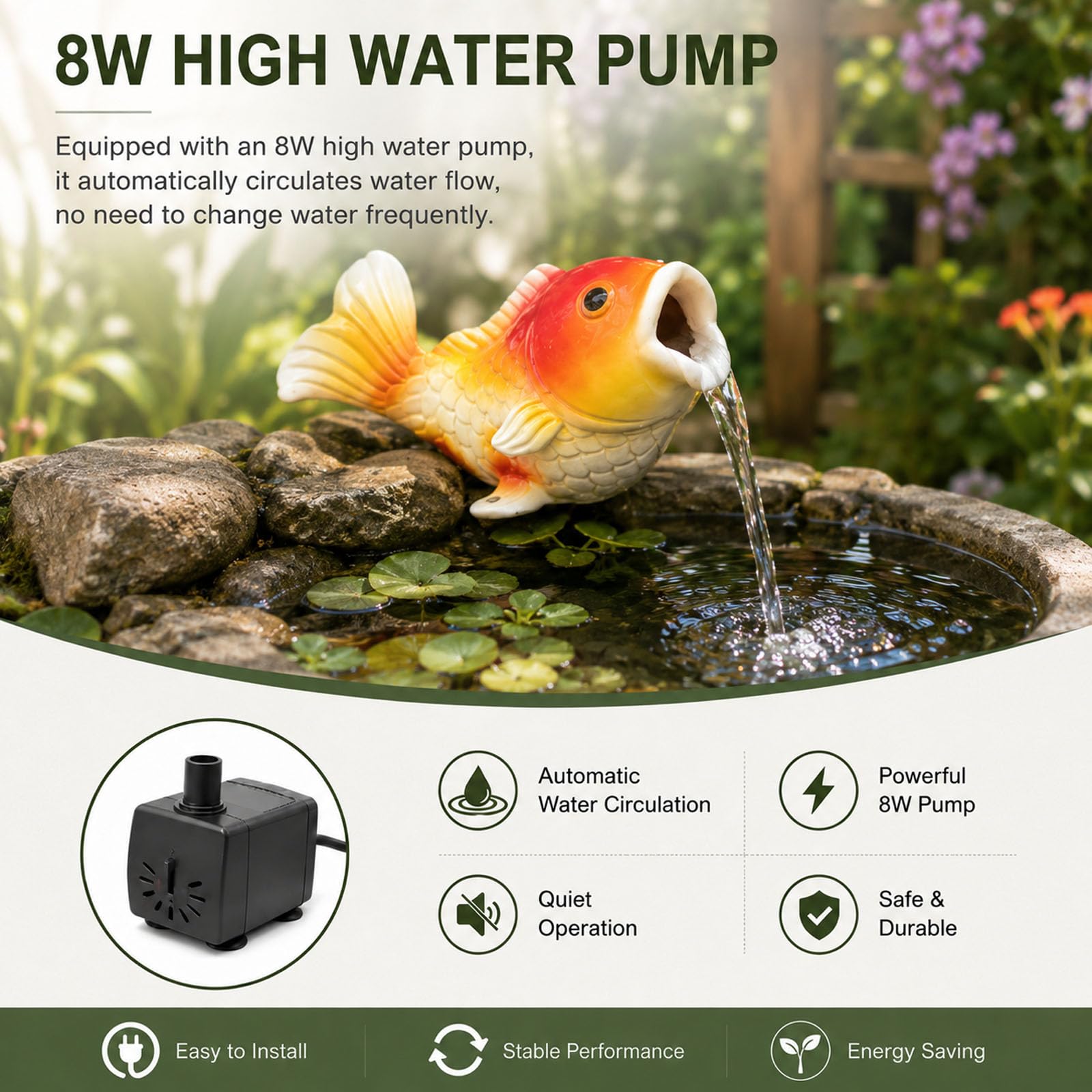 Zampilli D'Acqua per Piccoli Laghetti Statua Carpa Koi In Resina Con Getto D'Acqua Con Pompa Dell'Acqua Fontana Giardino per Laghetto Patio Cortile Acquario Without base