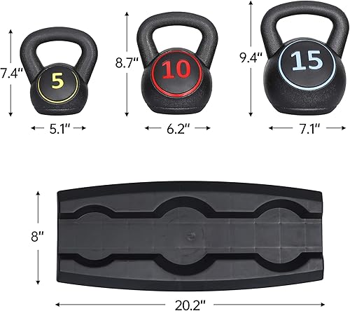 Miniatura 3 de LEMY Juego de 3 pesas rusas de 5 lb, 10 lb, 15 lb con estante de almacenamiento, HDPE recubierto de peso para ejercicios en el hogar, gimnasio,