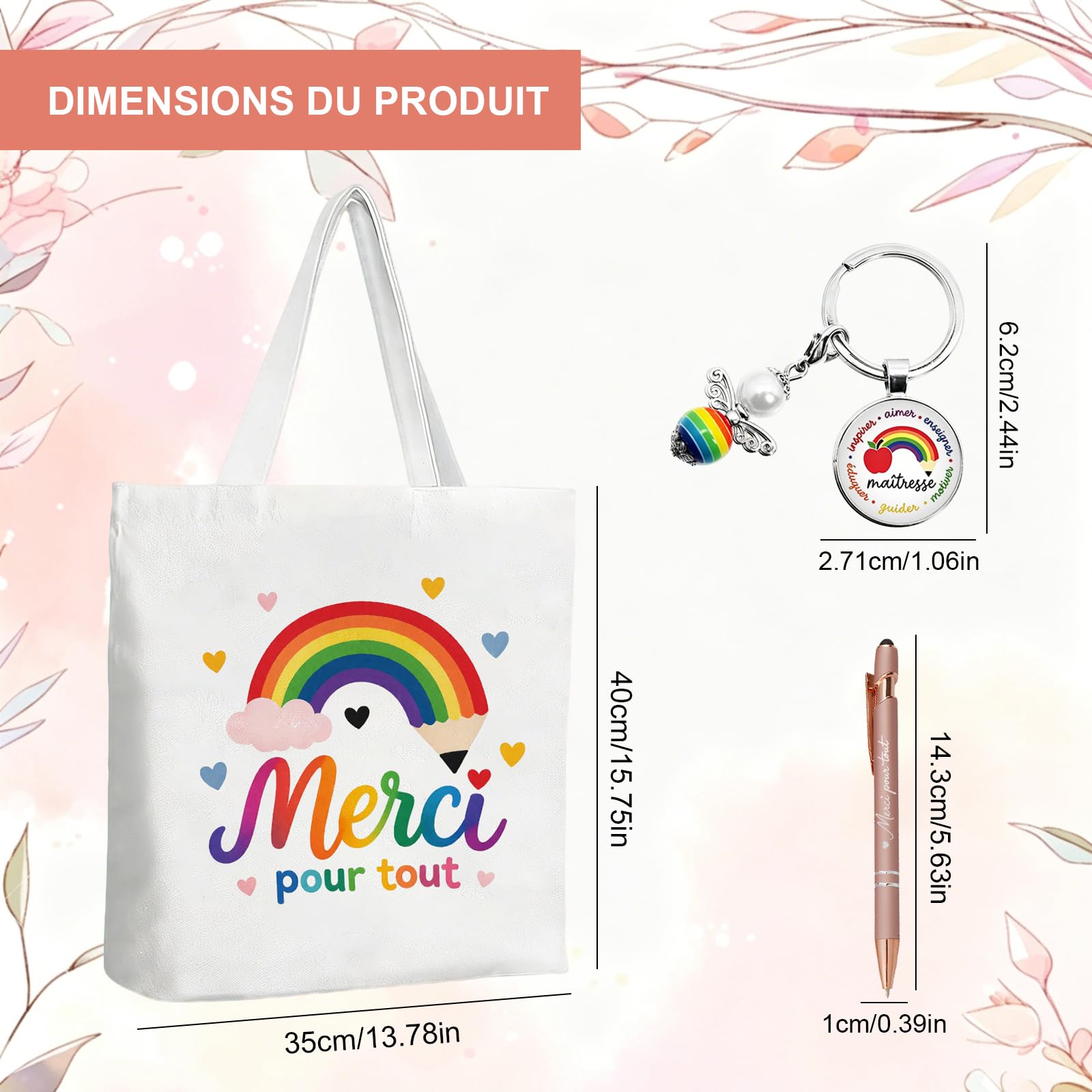Cadeau Maitresse D'école Cadeau Maitresse 3 Pièces Pour Fin D'année Scolaire – Tote Bag Merci, Porte-Clés Arc-En-Ciel Et Stylo Rose – Tissu Résistant, Design Coloré Pour Professeur