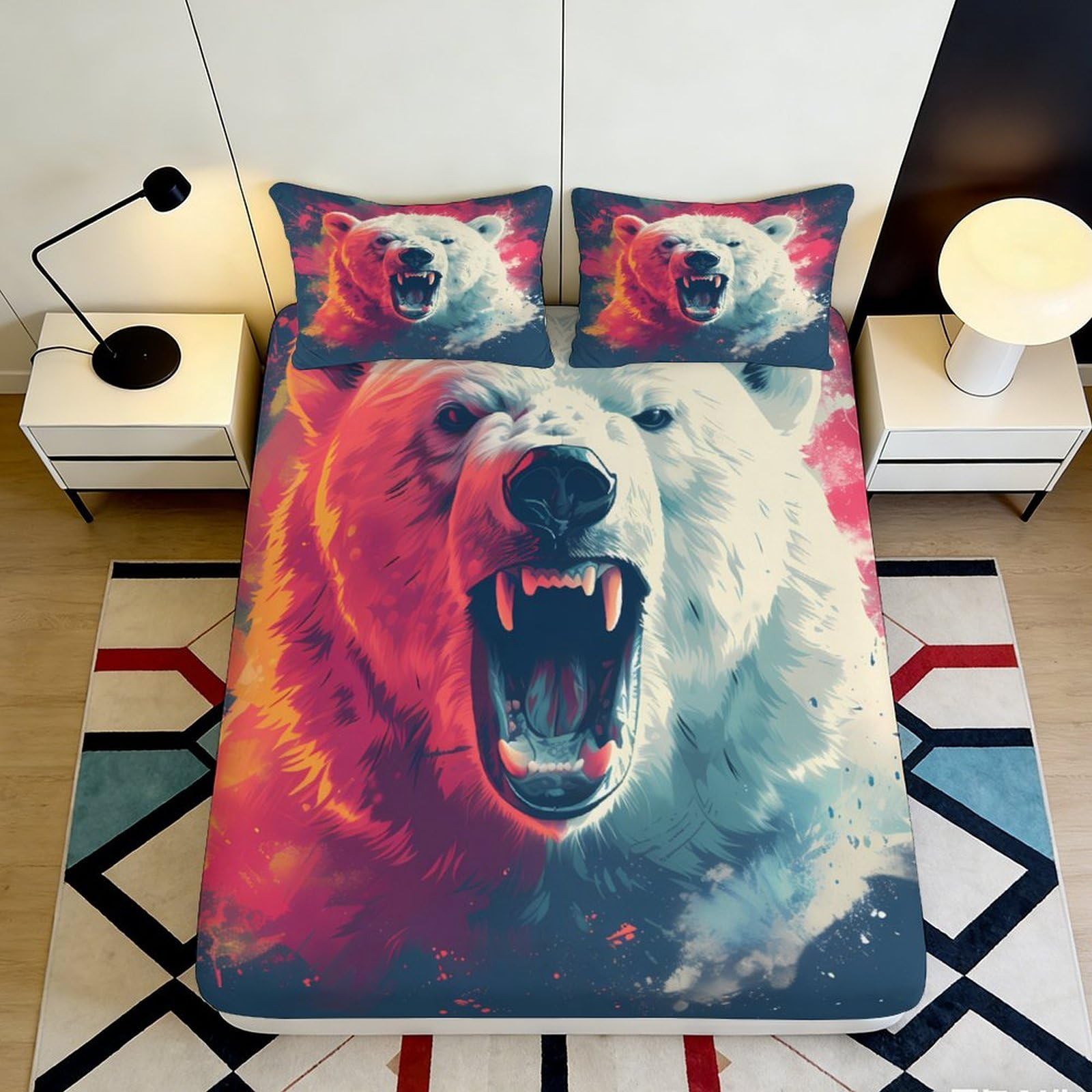 3D Printed Roaring Bear Fitted Sheet Microfiber Soft Durable Abstract Art Bed Cover for Bedroom Dormitory Guest Room Mattress Protection 200x200x25cm