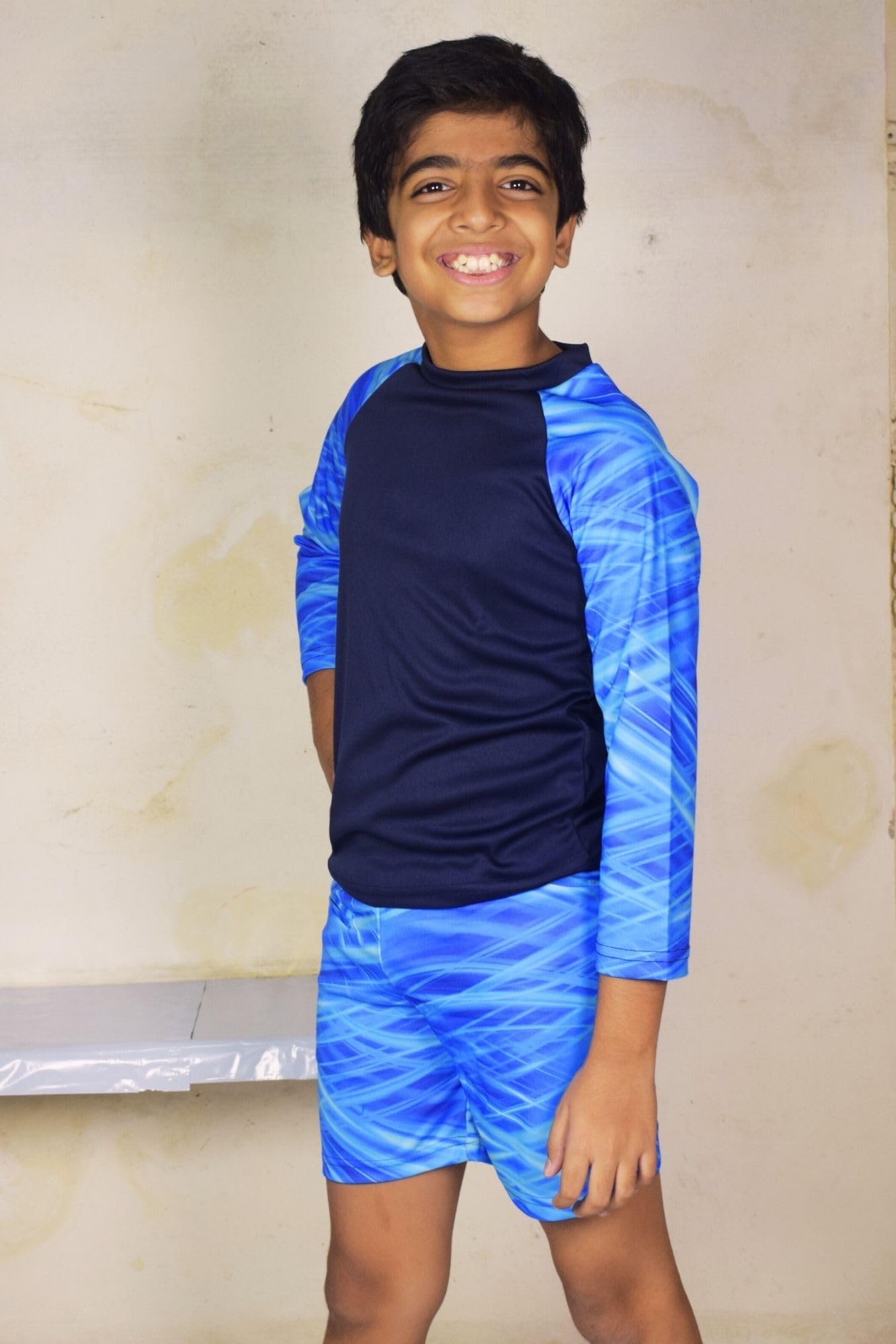 Aqua Holic Spandex Boys Regular Fit Printed Bottom & Top Set | Swimwear | Adjustable, Quick Drying Shorts for Swimming, Beachwear, Waterpark - Navy Blue (2-3 Years)