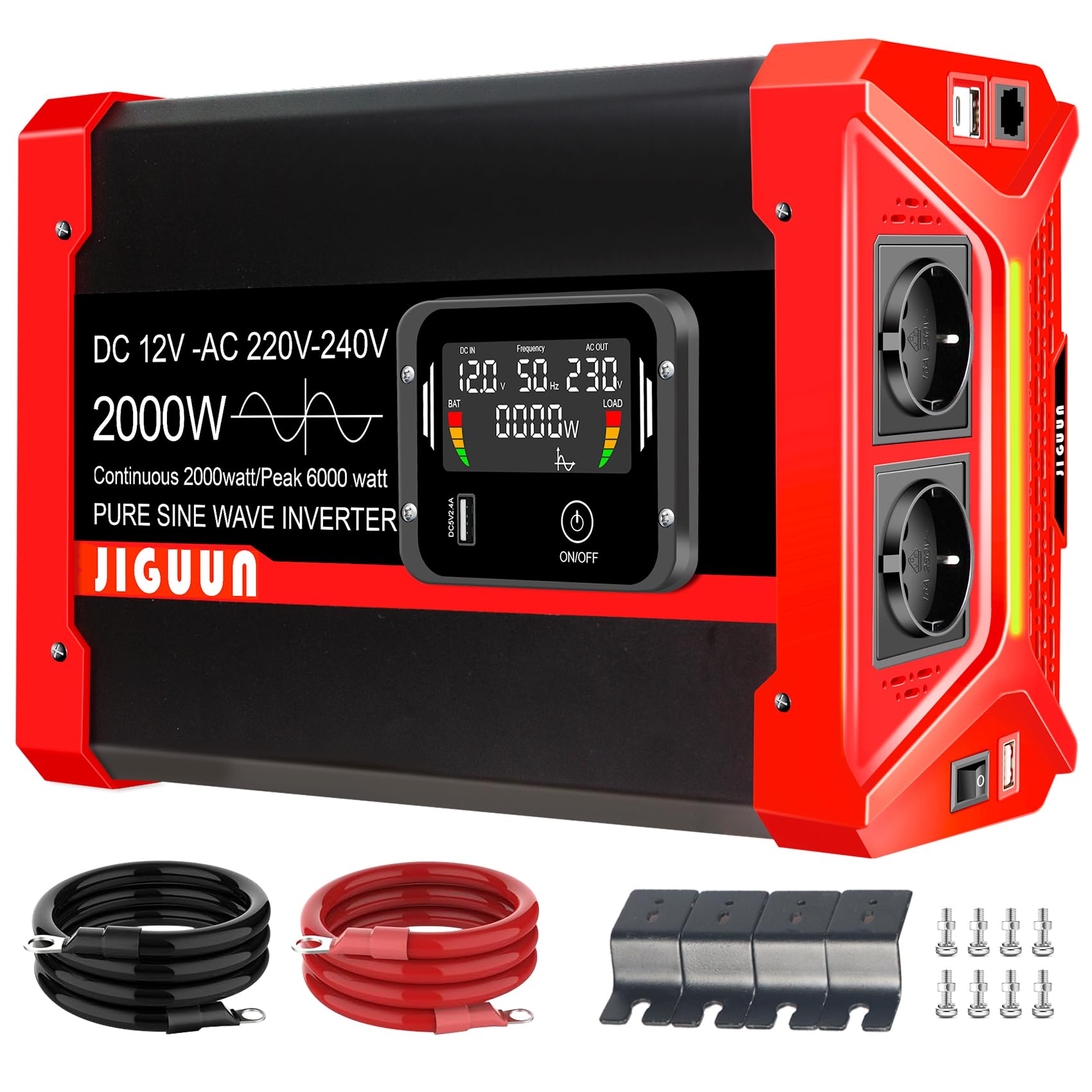JIGUUN 2000W 6000W Falownik 12V na 230V Przetwornica napięcia sinusoidalnego z wyświetlaczem LCD, zdejmowanym pilotem zdalnego sterowania, 2 gniazdami UE, 3 portami USB + 1 portem typu C