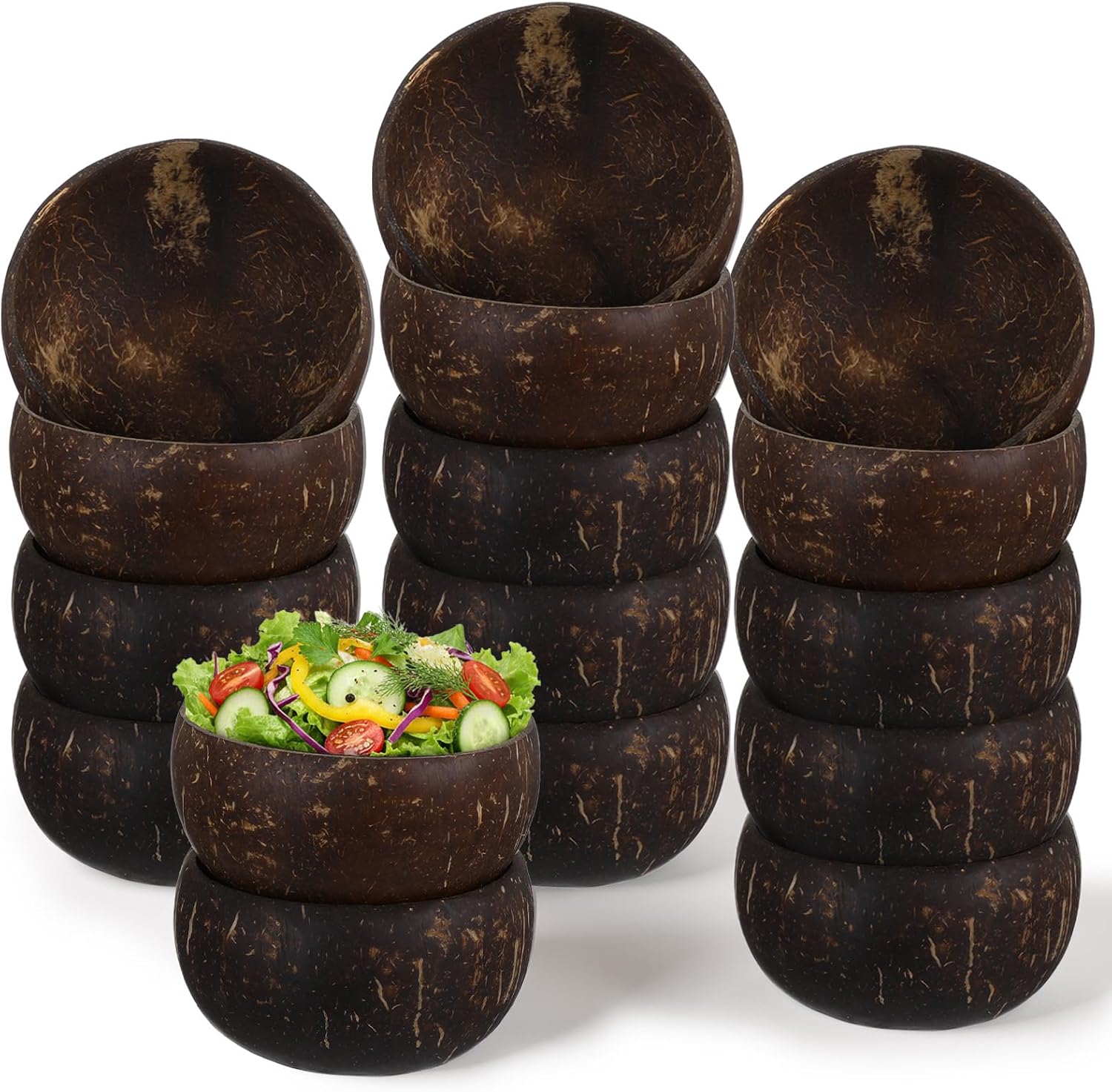 14 Pcs Coconut Shell Bowls, Polished Wooden Bowls Natural for Acai Salad and Vegan Gifts Vegan Gifts Kitchen Decor
