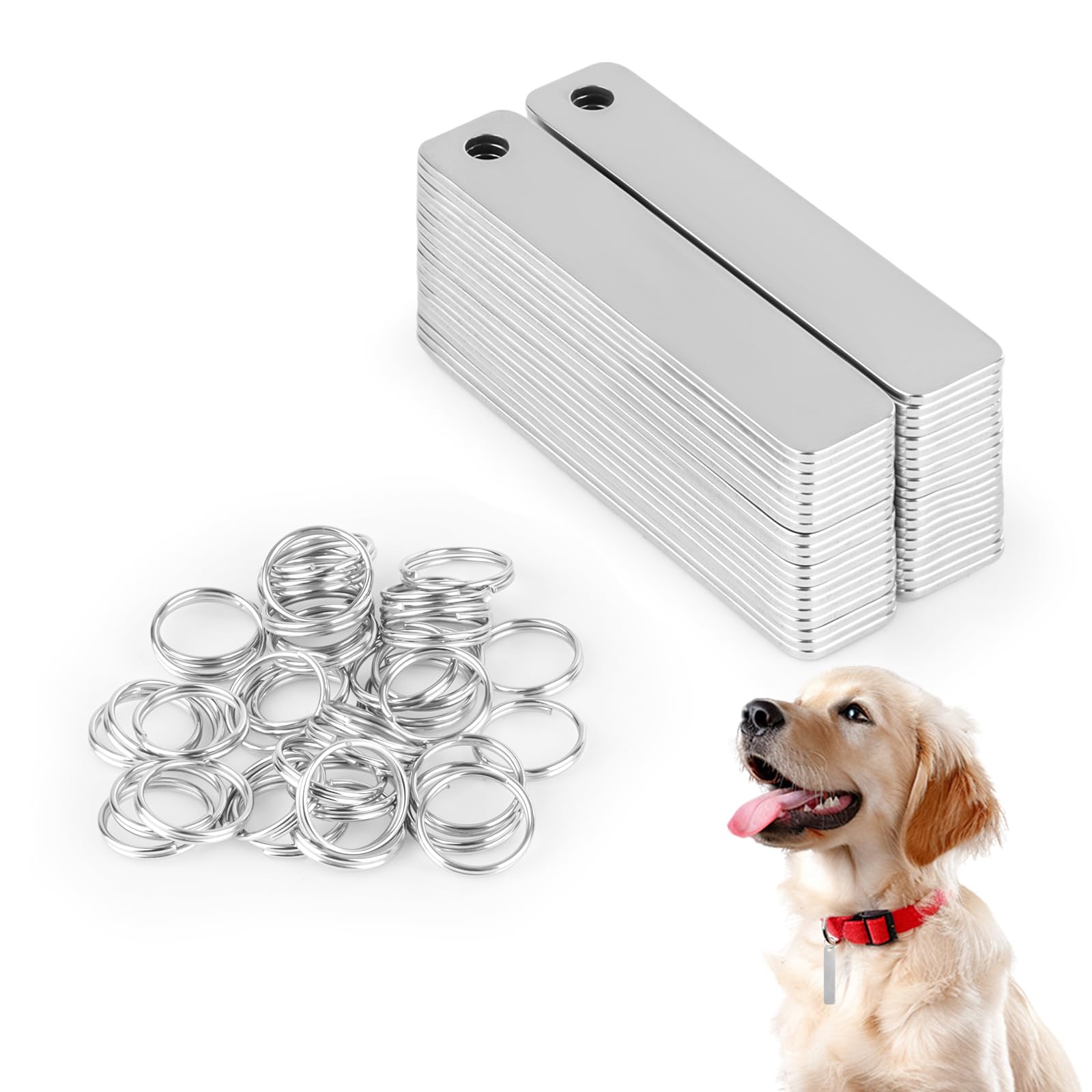 Modixun 40-Pack Metal Stamping Blanks with Keyring, Rectangle Stainless Steel Engraving Blanks for Dog Tags, Plant Labels and Key Chains