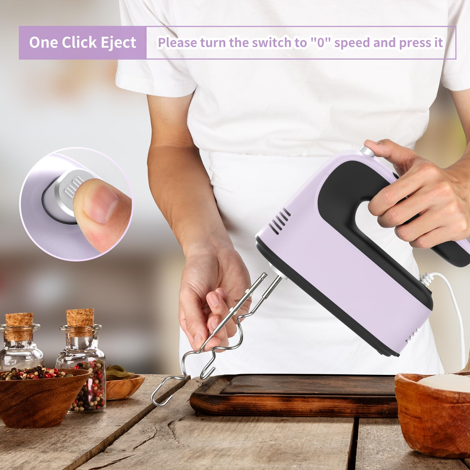 Yomelo Mixeur plongeant numérique à 9 vitesses électrique, puissant moteur CC de 400 W, mélangeur de four à main avec boîte de rangement sous pression, 5 accessoires en acier inoxydable, batteurs