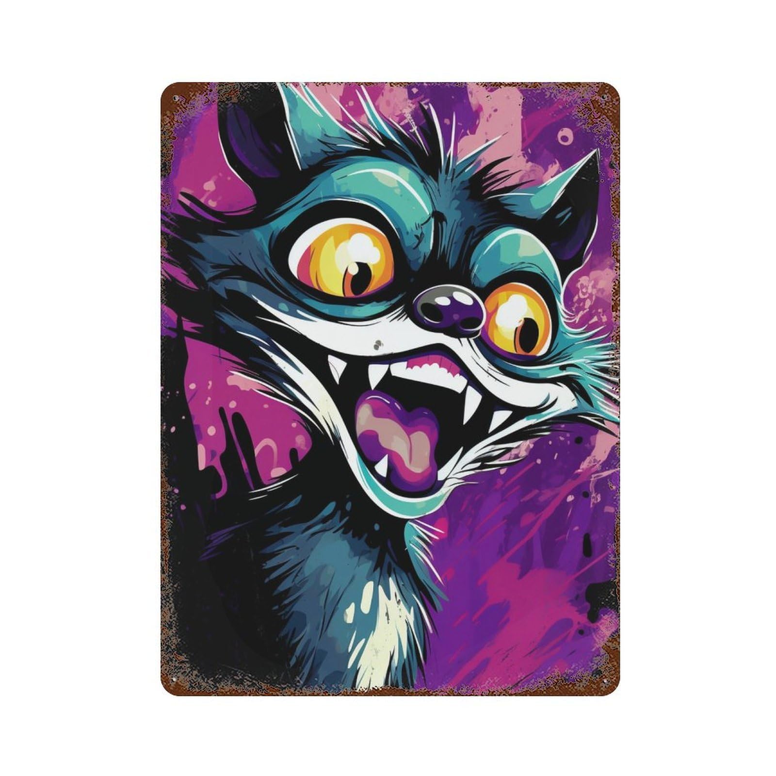 Colorful Angry Cat Art Print 15.7"x11.8" Rust Effect Tin Sign, Old School Wall Decor for Pub, Kitchen And Man Cave Decor