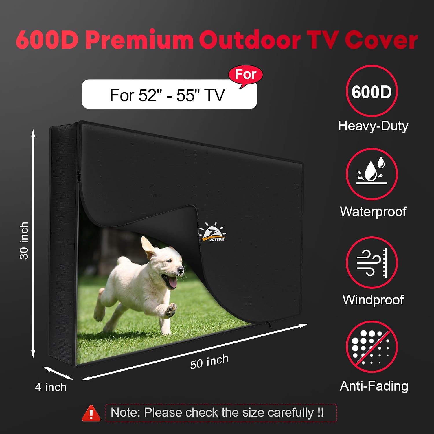 Zettum Outdoor TV Cover 52 to 55 Inch - 600D Waterproof Weatherproof TV Protector with Zipper for 52-55 Inch Flat Screen TVs, Heavy Duty Enclosure for Outside Use image 2