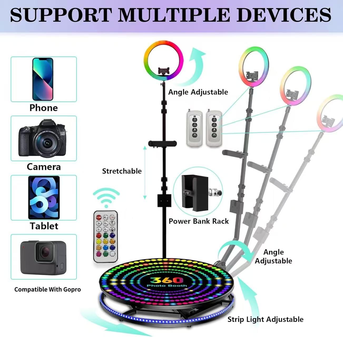 Set fotografico a 360° con custodia per il trasporto, cabina fotografica a 360° con telecomando per 5-6 persone, anello luminoso RGB, logo personalizzato gratuito (100 cm / 39,4in)