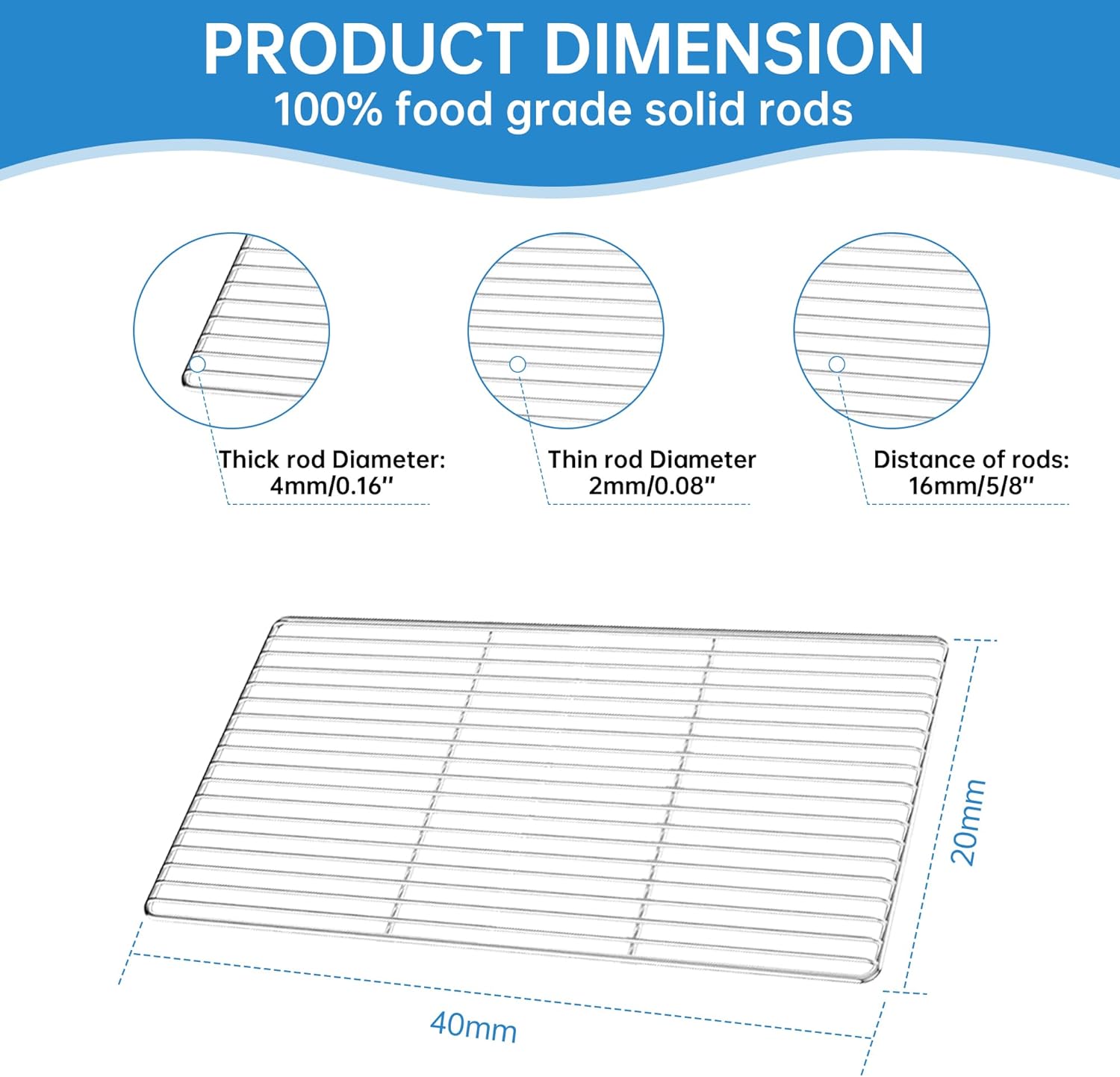 Cooling Baking Rack Pack of 2, 15.7”x7.9” Food Grade Stainless Steel Rack for Cooking, Baking, Roasting, Grilling & Drying, Dense Wires, Smooth Edge, Dishwasher Safe, Silver