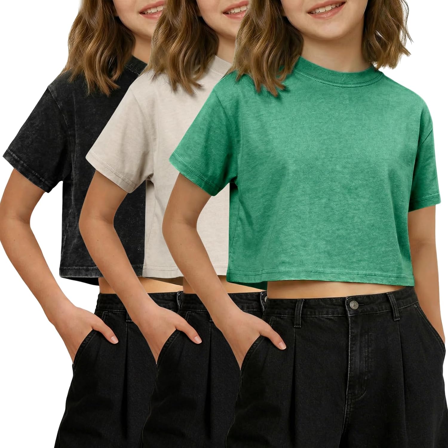 Gihuo Girls T Shirts Crop Acid Wash Top Short Sleeve Tee Cotton Summer Casual Tshirt