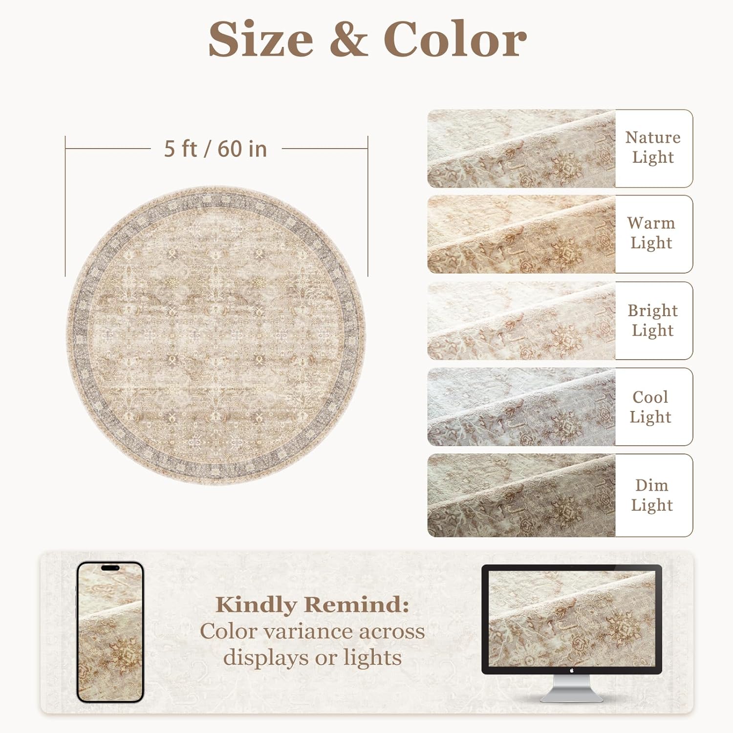Neutral Beige 5ft Round Washable Rug, Farmhouse Vintage 5 Feet Circle Rug for Living Room, Low Pile Thin Non Slip 5x5 Round Circular Carpet for Dining Room/Bedroom/Entryway/Foyer