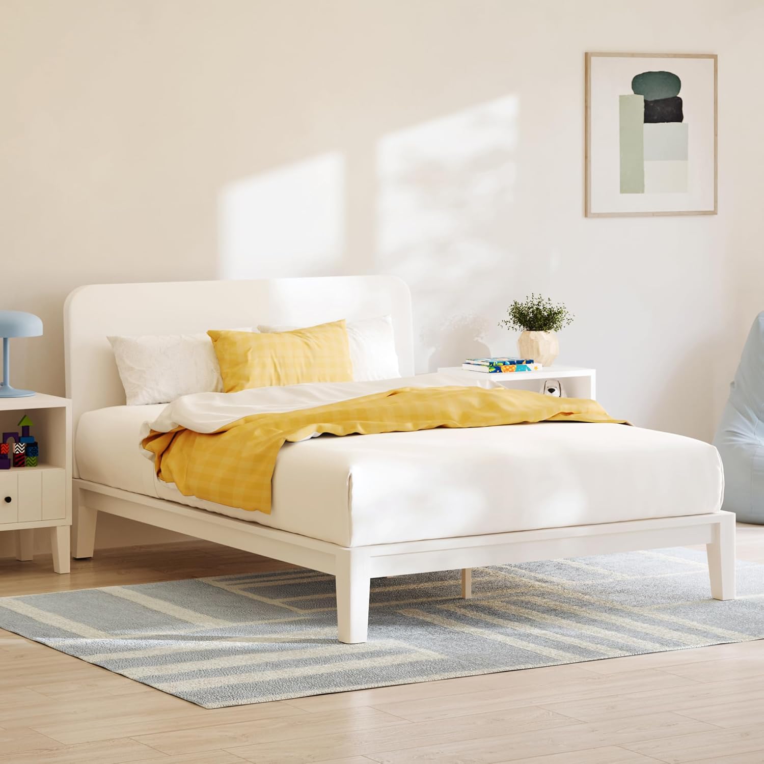 Nectar Kids Full Bamboo Platform Bed Frame & Headboard - White - 12” Height - Easy Tool Free Set Up - Durable & Kid Friendly - Sturdy Wooden Slats for Support