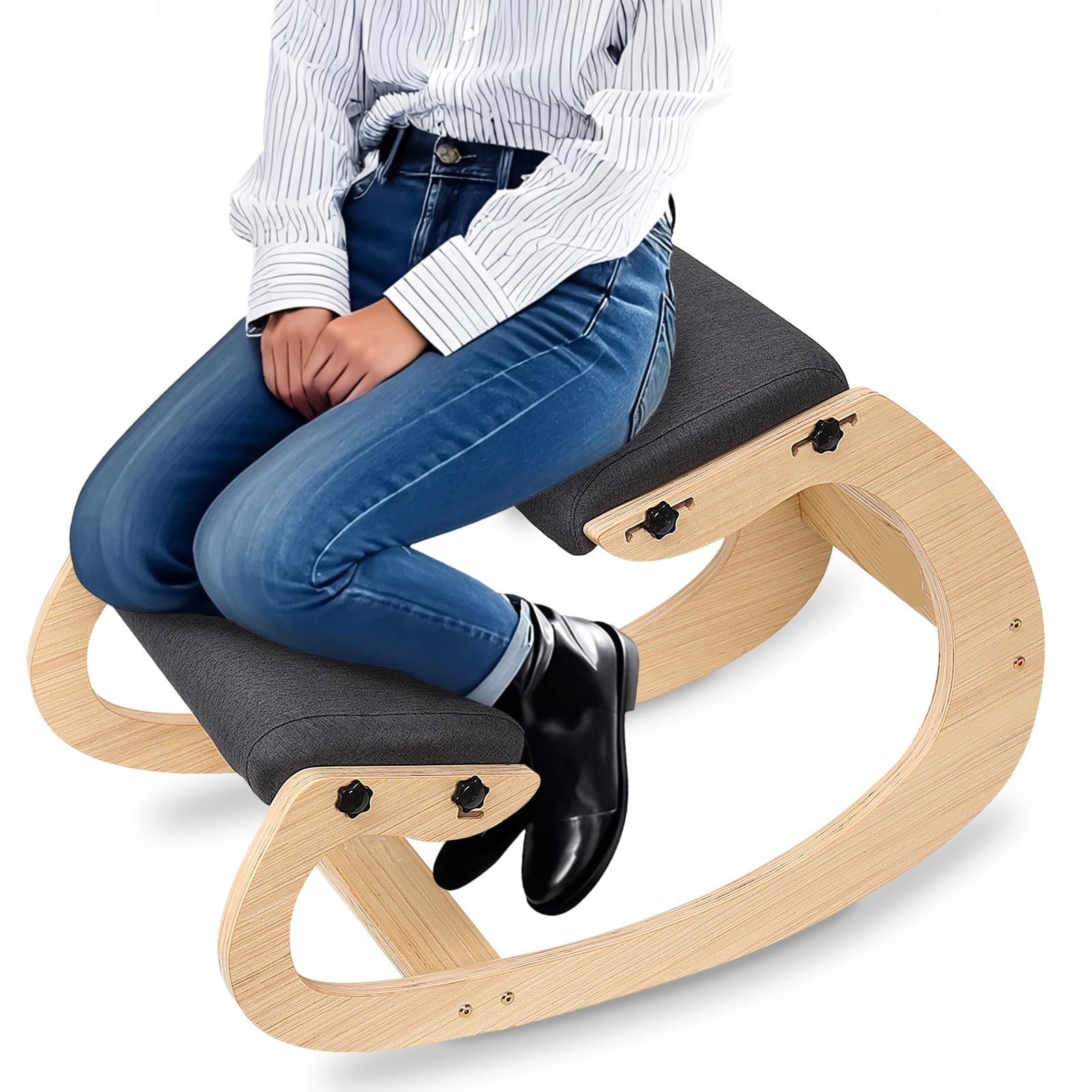 Chaise ergonomique à bascule réglable 3 vitesses, tabouret à genoux en bois avec siège incliné et coussin en lin pour soulager les douleurs du dos et du cou