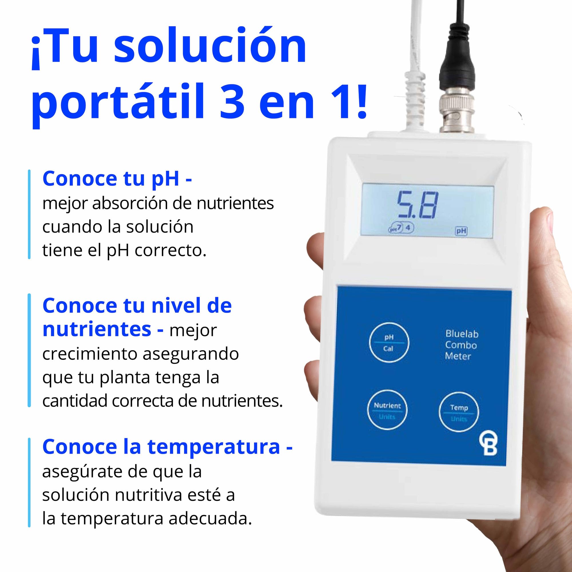 Medidor combinado METCOM de Bluelab - Medidor combinado de pH, temperatura y conductividad (CE) con sondas, de fácil calibración