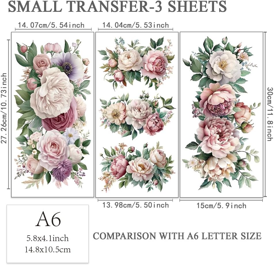 OLYCRAFT 3pcs/Set Blooming Flower Rub on Transfers for Furniture and Crafts 6x12 inch Rose Peonies Furniture Decals Floral Transfer Stickers Rub on Decals for Wood Window Home Decor