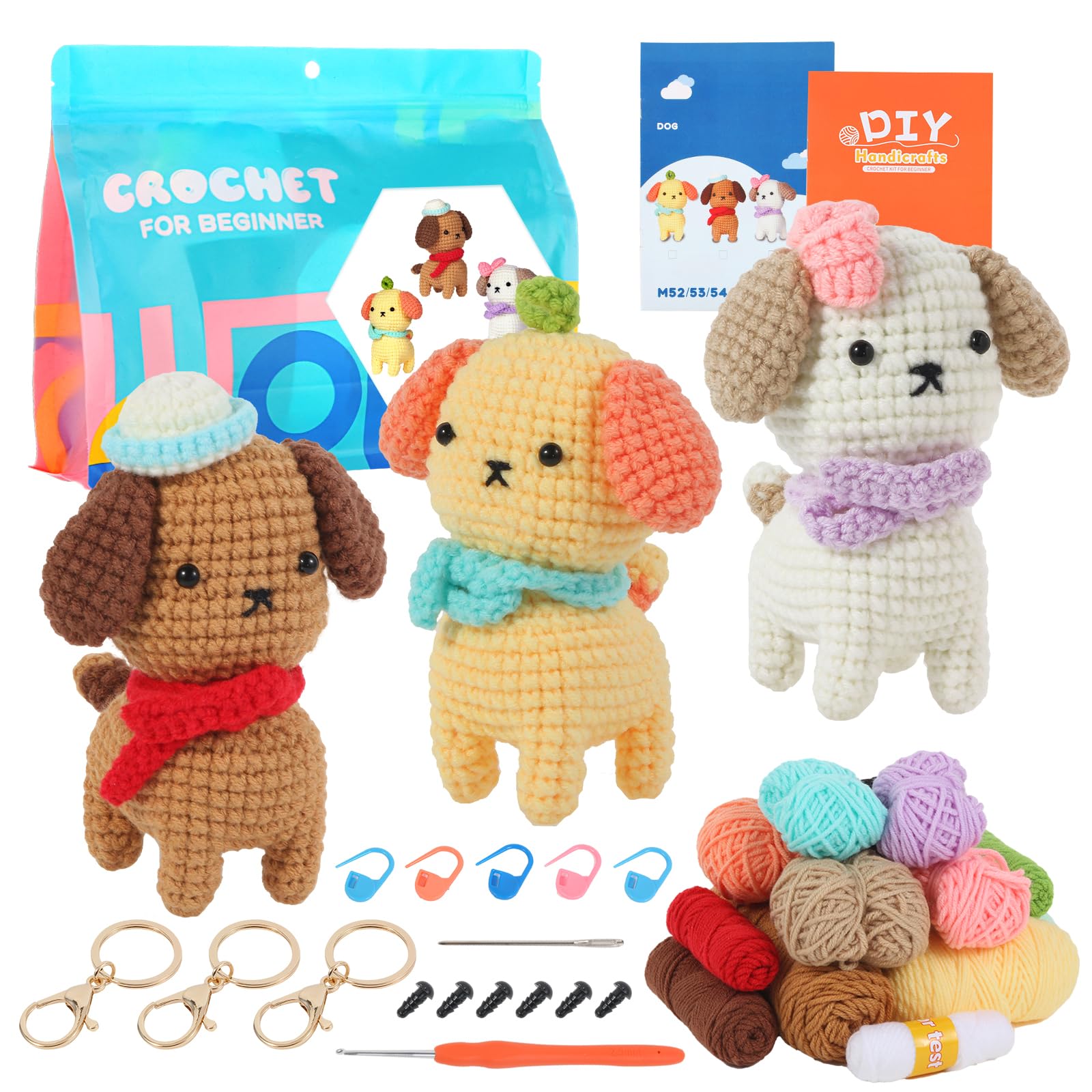 Nutgun Three Dogs Beginners Crochet Kit, Crochet Kit For Beginners Adults,Complete Crochet Set To Make 3Pcs Animals,Include Yarn, Eyes, Stuffing, Crochet Hook,Step-By-Step Instruction And Video Tutorial