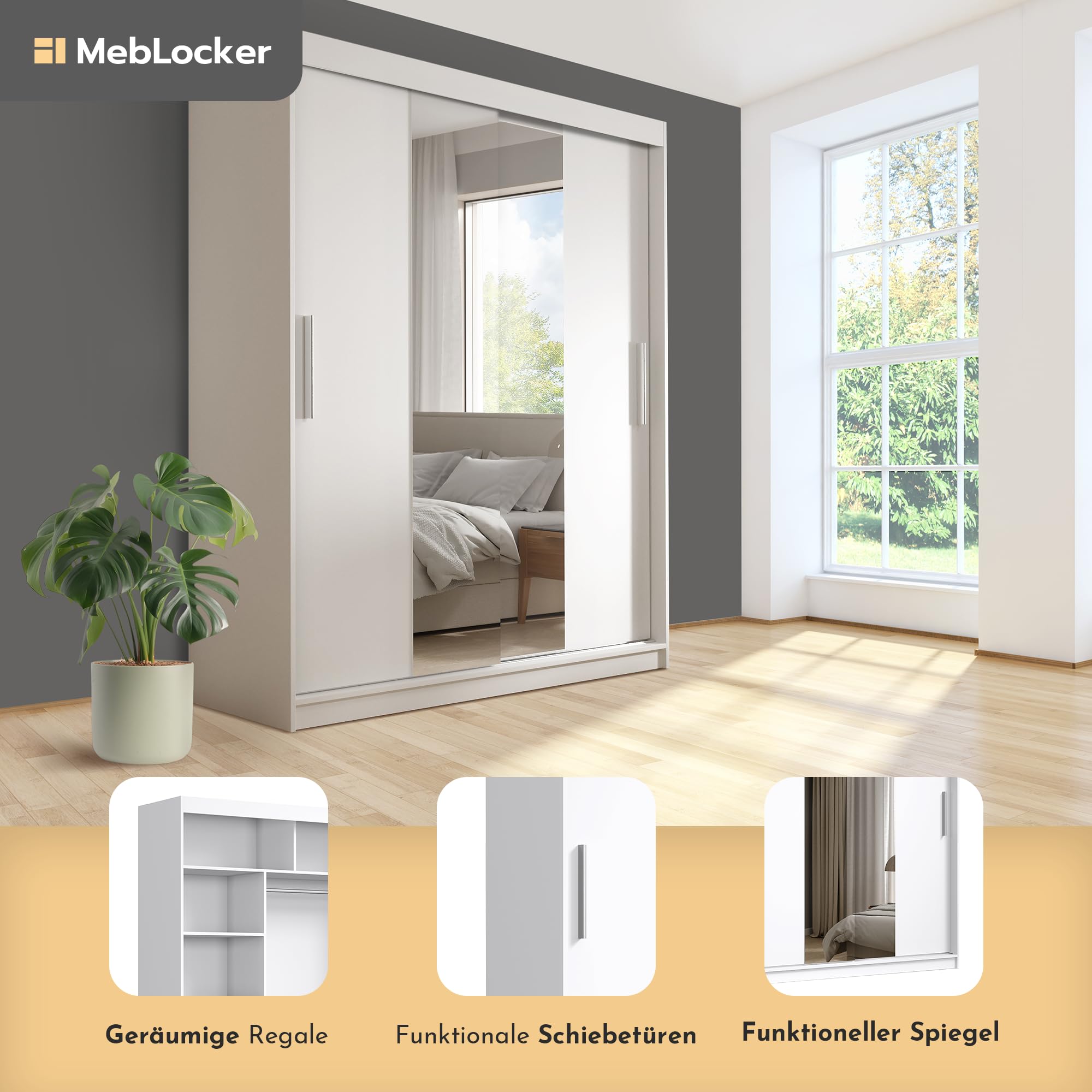 Schiebetürenschrank mit Spiegel 180 cm, 2 Türen, Weiß