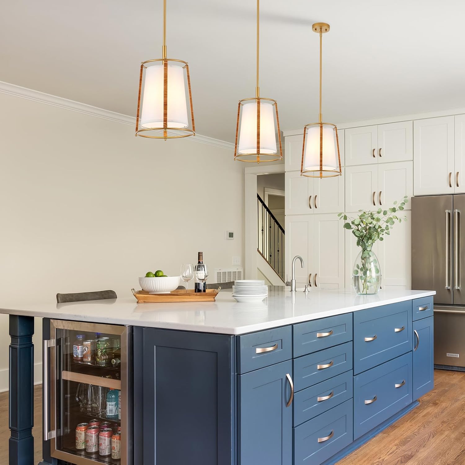 Modern Gold Pendant Lights Fixture, Farmhouse Mini Chandelier with White Fabric Shades Adjustable Hanging Pendant Light Fixtures for Kitchen Island Sink Hallway Dining Room, Dia 10’’, UL Listed