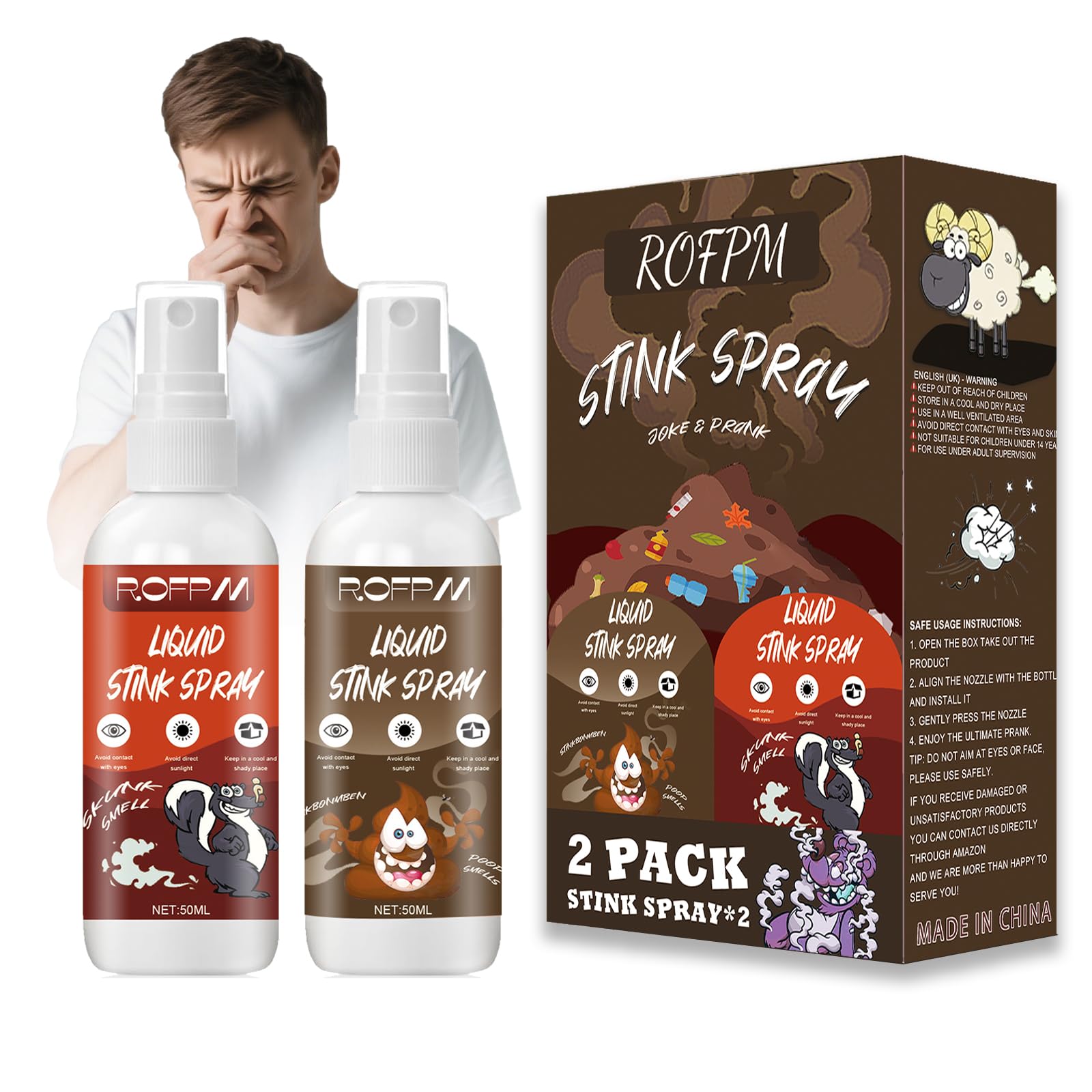 ROFPM Stink Spray Extra Strong 2 Pcs, 100ml Prank Liquid Stank Spray, Bad-Smelling Potent Gag Gifts for Parties, Halloween, Birthdays, Bus(Different