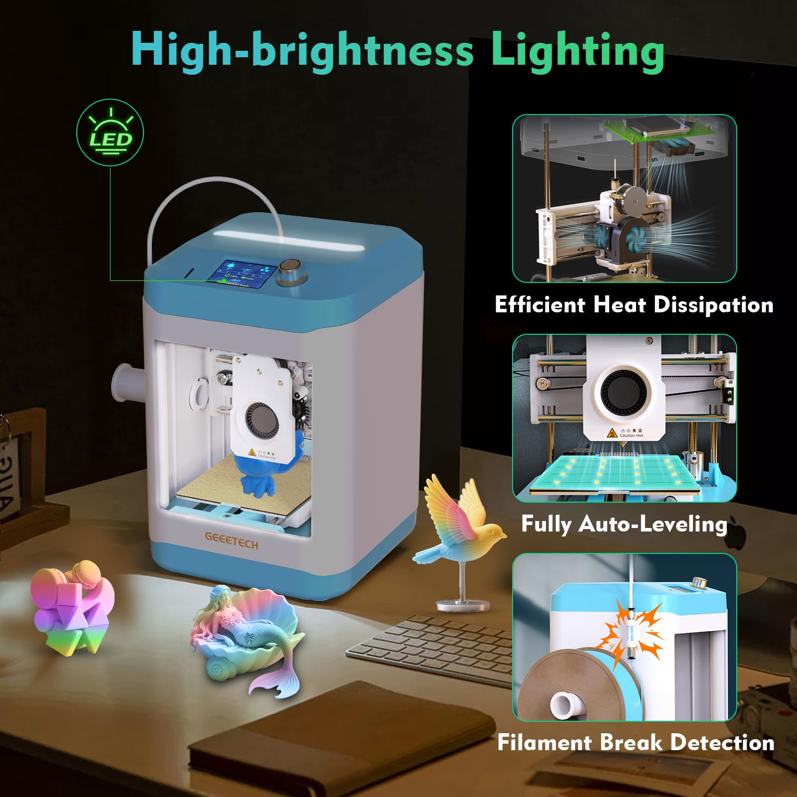 Stampante 3D per bambini e principianti, mini stampanti 3D Geeetech con livellamento automatico, ad alta velocità e completamente open source, estrusore a trasmissione diretta completamente assemblato