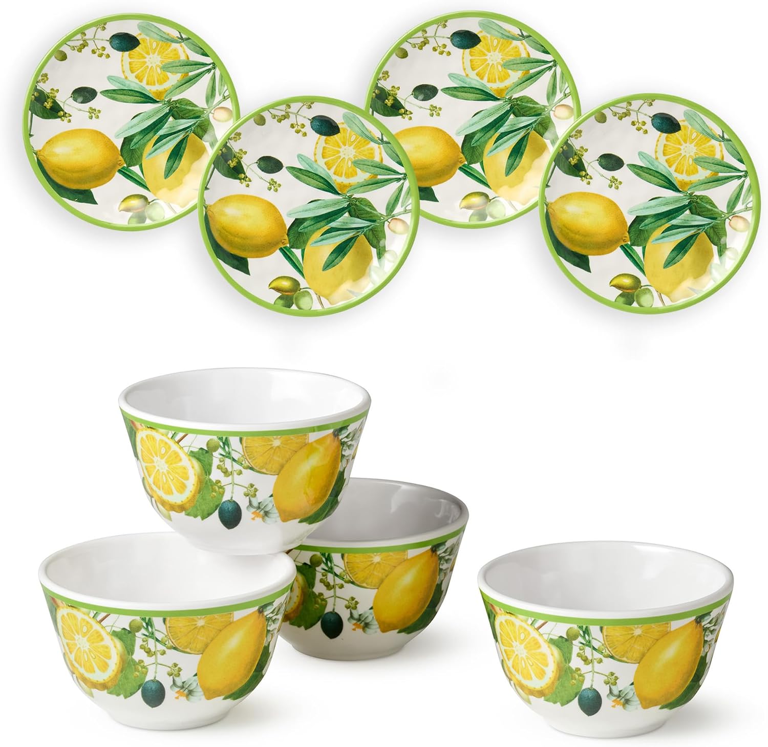 Limone 8-Piece Melamine Canapé Plate & Dip Bowl Set – Mediterranean Lemon & Olive Design, Perfect for Appetizers, Snacks, Dips & Desserts – Shatterproof, Chip-Resistant, Indoor/Outdoor Dining