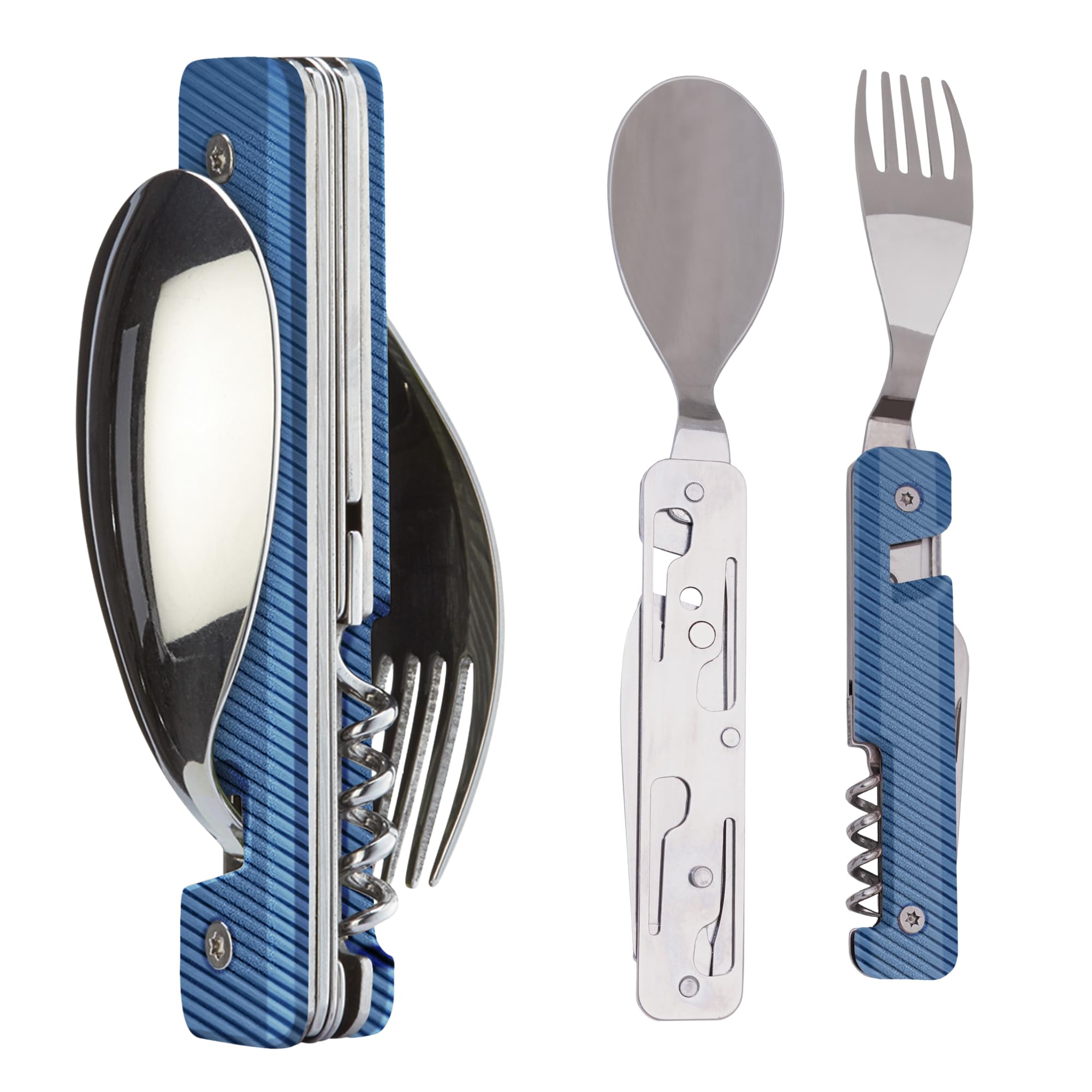 Akinod 6-in-1 Camping Cutlery Set – Multifunctional Stainless Steel Knife, Fork, Spoon with Corkscrew, Can & Bottle Opener, Compact Gadget for Camping Essentials
