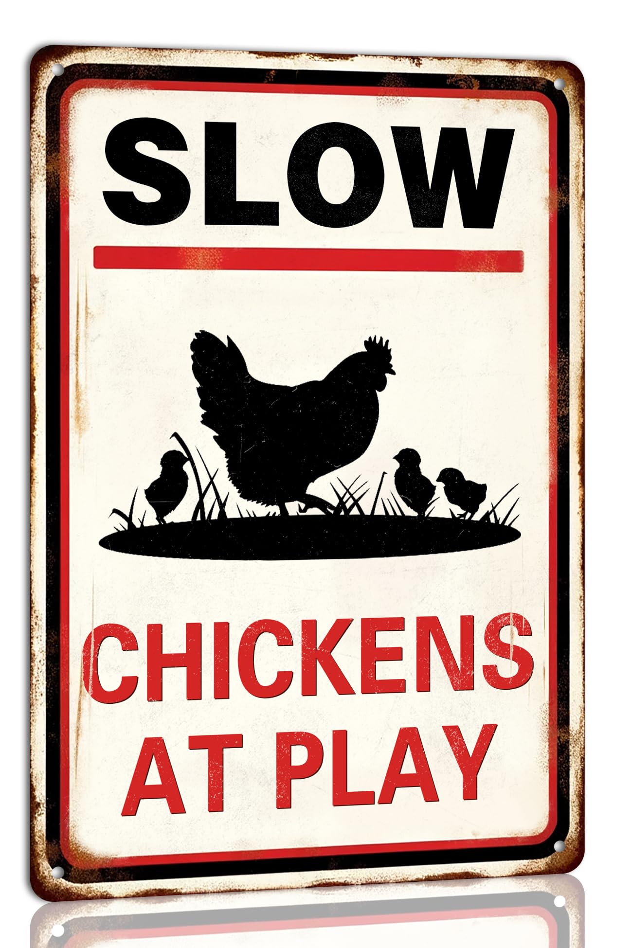 SMAZDFXX Slow Chickens at Play Warning Tin Sign Funny Farmhouse Security Warning Sign Vintage Metal Wall Decor Novelty Farmhouse Chicken Coop Decor 12"x16"