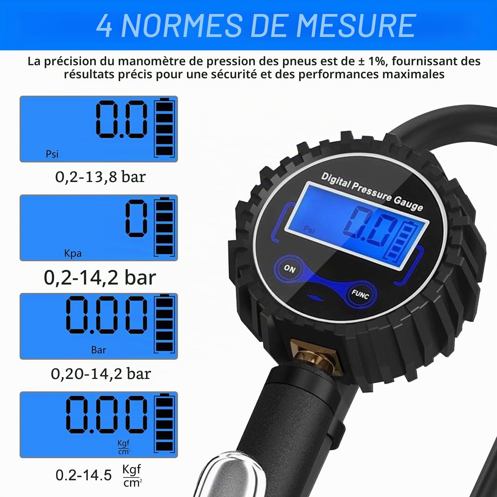 Testeur de pression d'air - Gonfleur de pneu - Avec manomètre, manomètre - Testeur de pression d'air numérique avec écran LCD rétroéclairé - Pour véhicule, moto, voiture