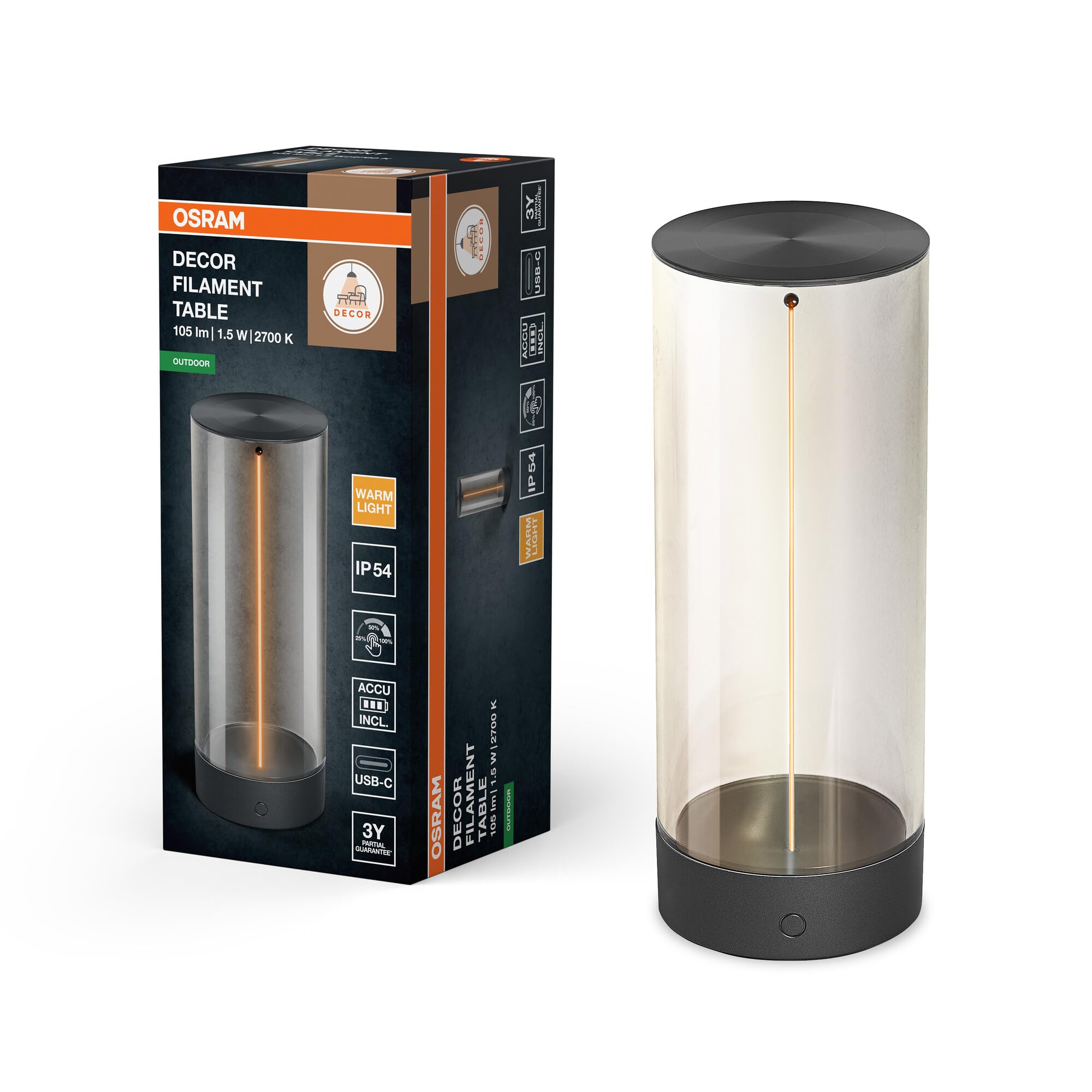 OSRAM Lampada da tavolo LED Endura Style a filamento, 1,2 W, bianco caldo 2700 K, 100 lm, ricaricabile tramite USB, IP54, 14 ore | Endura Style Decor Filamento, illuminazione esterna (speciale), grigio scuro, 92 mm di diametro, 15000 ore, confezione da 1
