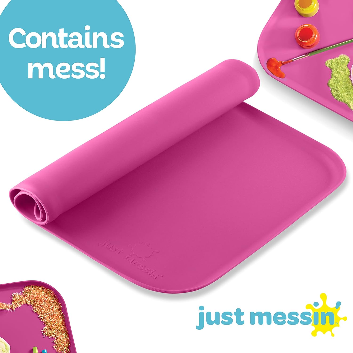 Just Messin’ Silicone Art Mat for Kids, Reusable Non-Slip Heat-Resistant Mat w Raised 0.6" Edges to Contain Mess & Protect Tables/Floors, Arts & Crafts, Resin, Legos, 16"x26", Pink