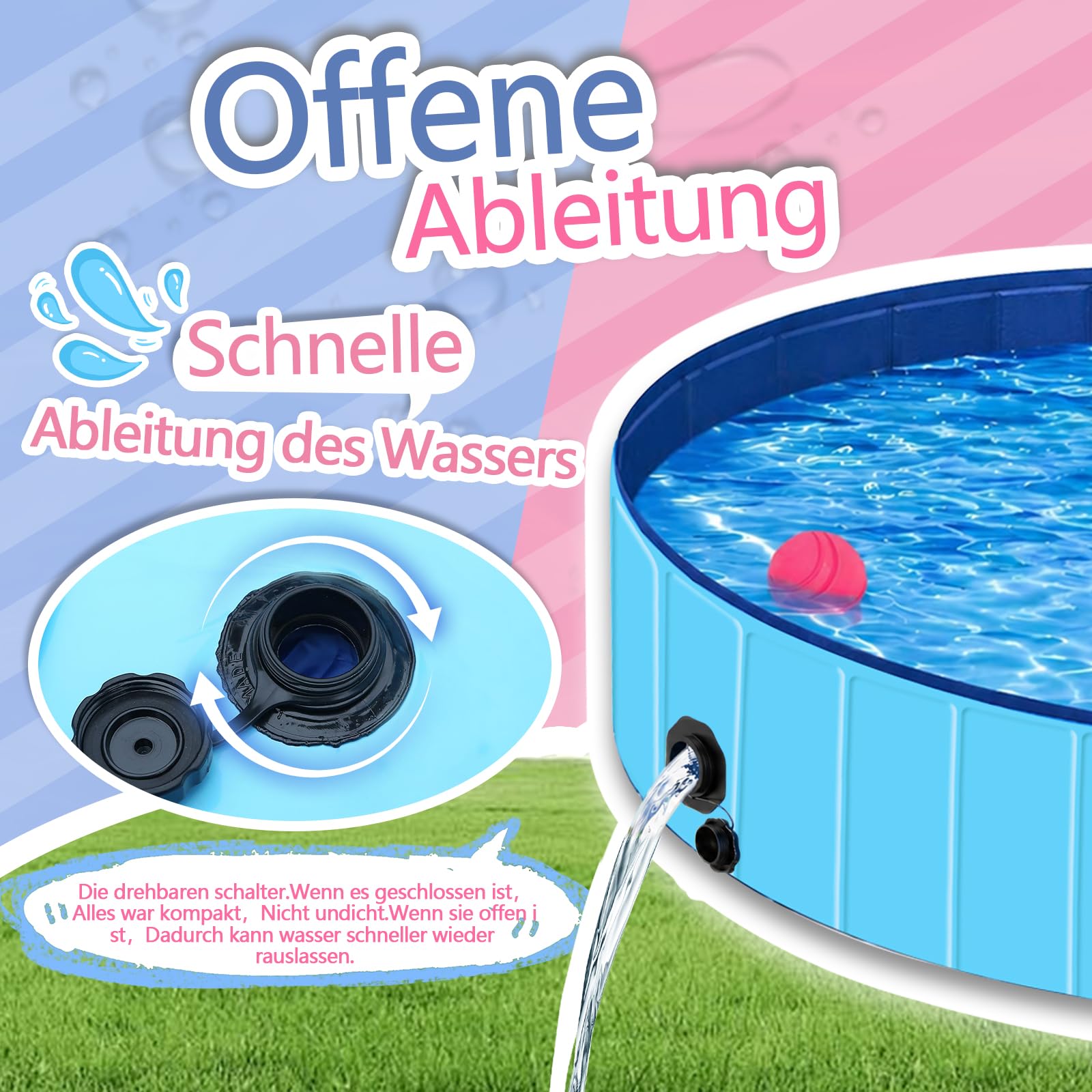 Hundepool für Mittel- und Großhunde, Planschbecken für Hunde 160 x 30 cm, Tragbarer Außen-Hundebadewanne mit Schnellablaufventil, Auslaufsicherer Planschpool für Garten & Terrasse (L - Ø160cm)