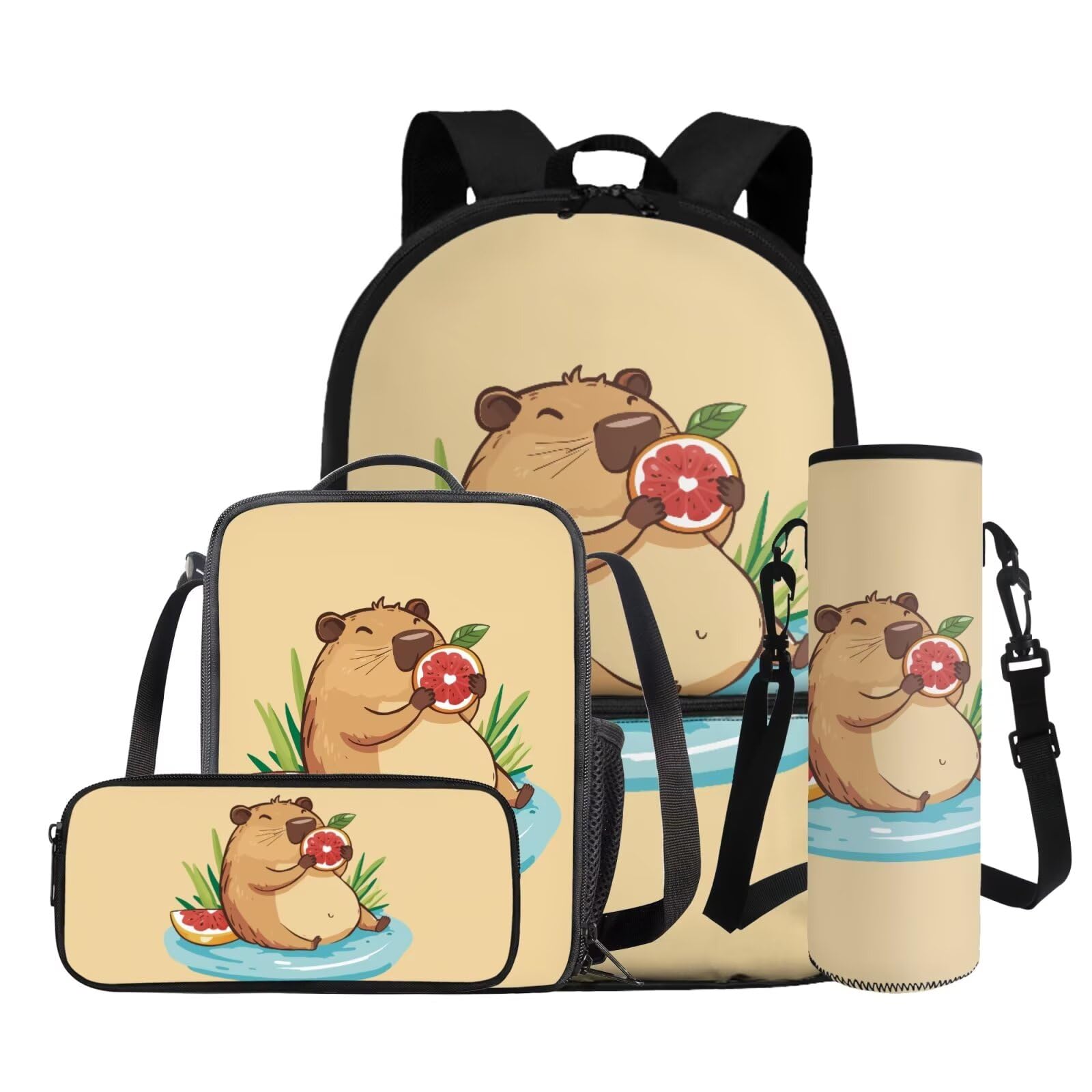 FANCOSAN Cartoon Capybara Girls Bookbag Ages 6-8 Lightweight Girls Bookbag with Lunch Box and Pencil Case Set 4 Piece Kids School Bag Kindergarten