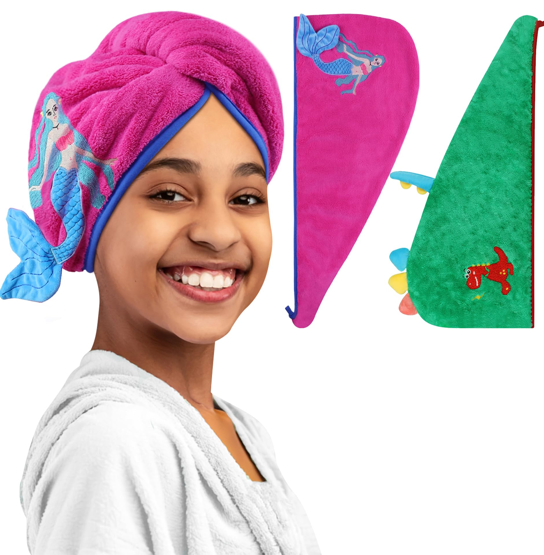 YI HENG MEIMicrofiber Hair Towel Wrap for Kids Girls Super Absorbent Hair Drying Towel Cute 3D Embroidery Mermaids Dinosaur Coral Fleece Towel Turban for Wet Long Curly Thick Hair, 2PCS