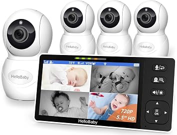 HelloBaby 5.5" 720P HD Baby Monitor with 4 Cameras,Split Screen Display,Video Baby Monitors,No WiFi,Remote Pan/Tilt/Zoom,Night Light,4000mAh Battery,Wide View,Ideal for Twins/Multiple Children
