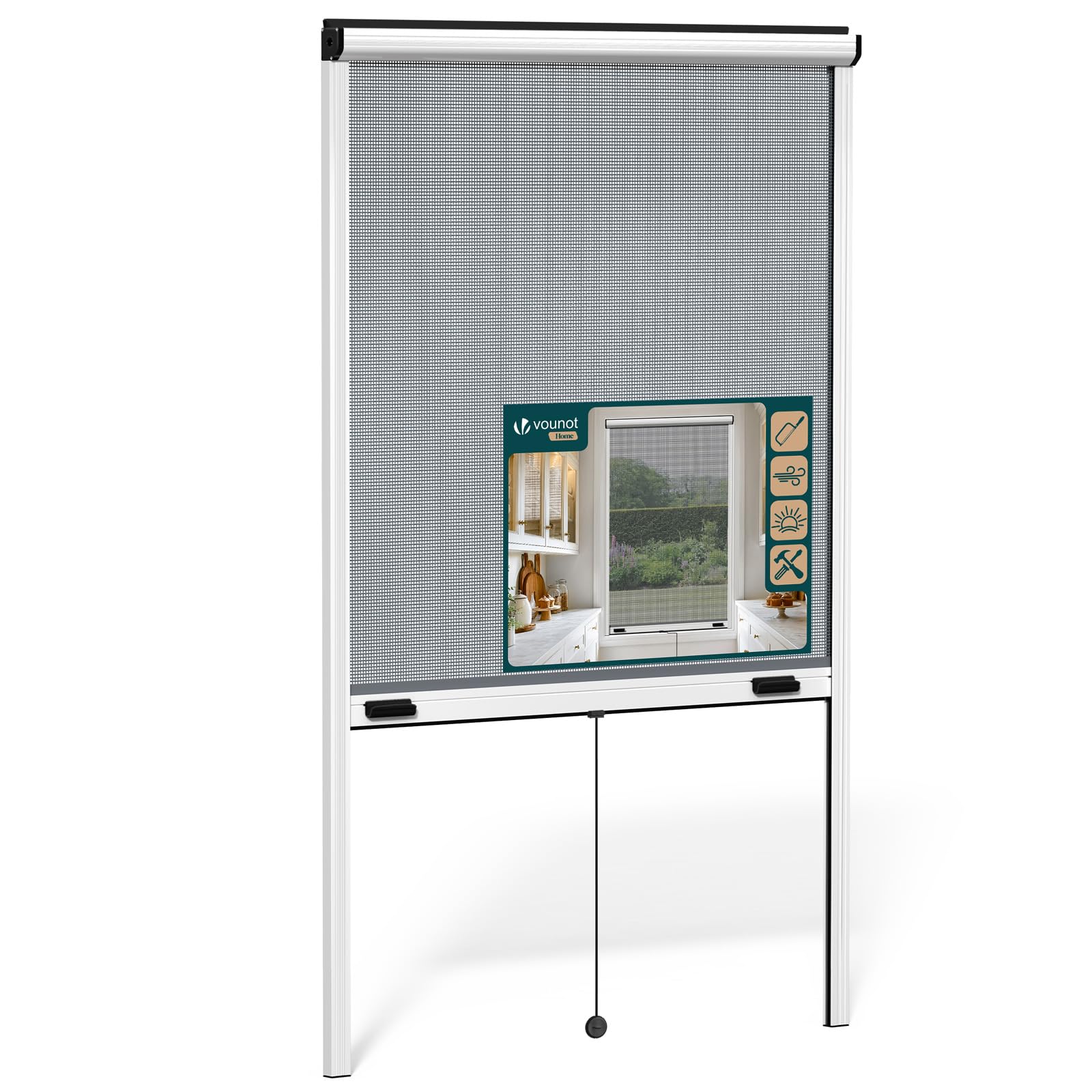 VOUNOT® Zanzariera a Rullo Riducibile per Finestra in Alluminio, Zanzariera Scorrevole Verticale con Rete in Fibra di Vetro, Tagliabile e Facile da Installare, 100 x 160 cm, Bianco