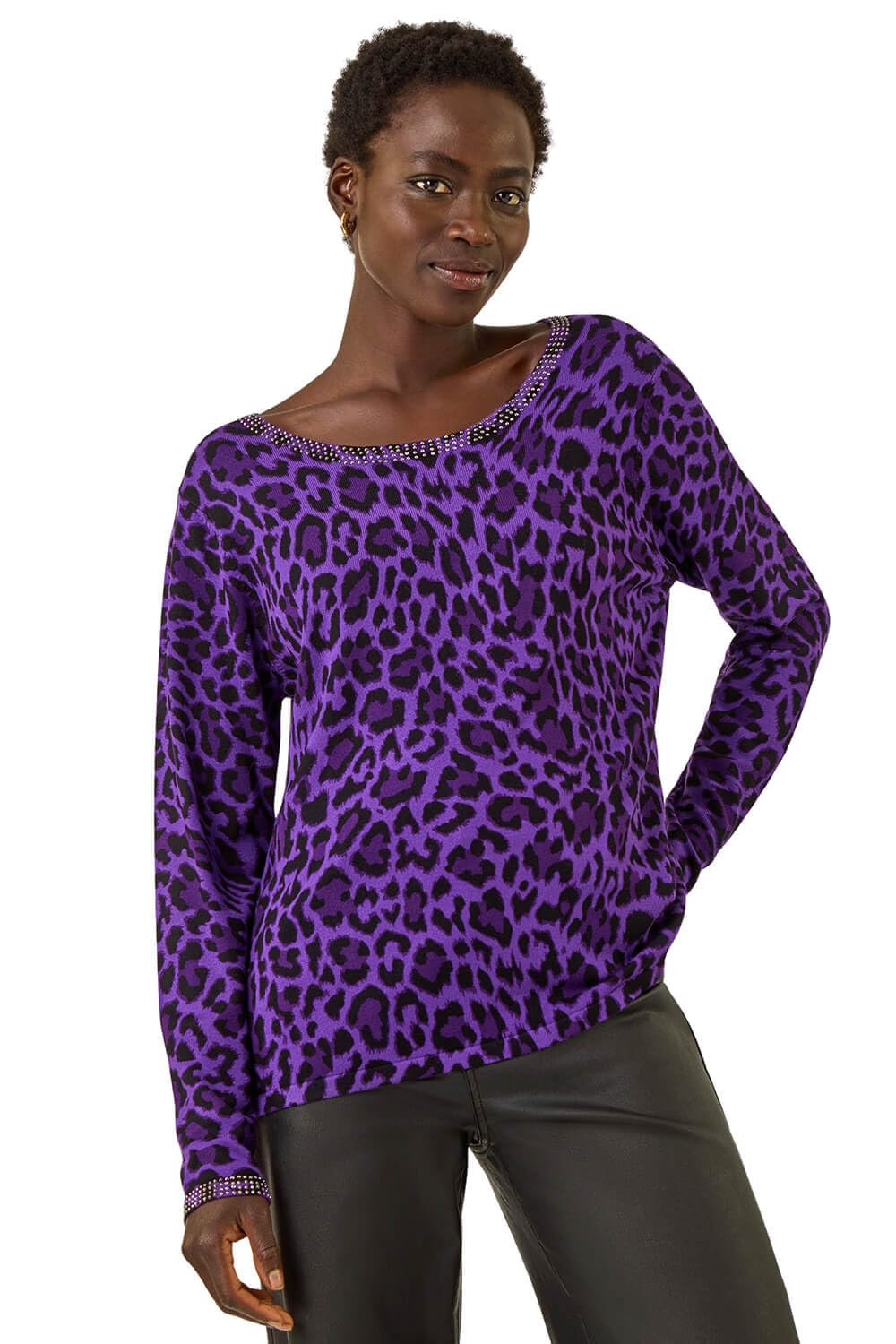 Roman Originals Women's Purple Animal Print Embellished Trim Jumper For Uk - Everyday Autumn Winter Scoop Neckline Comfy Soft Evening Vacation Work Party Night Out - Size 10