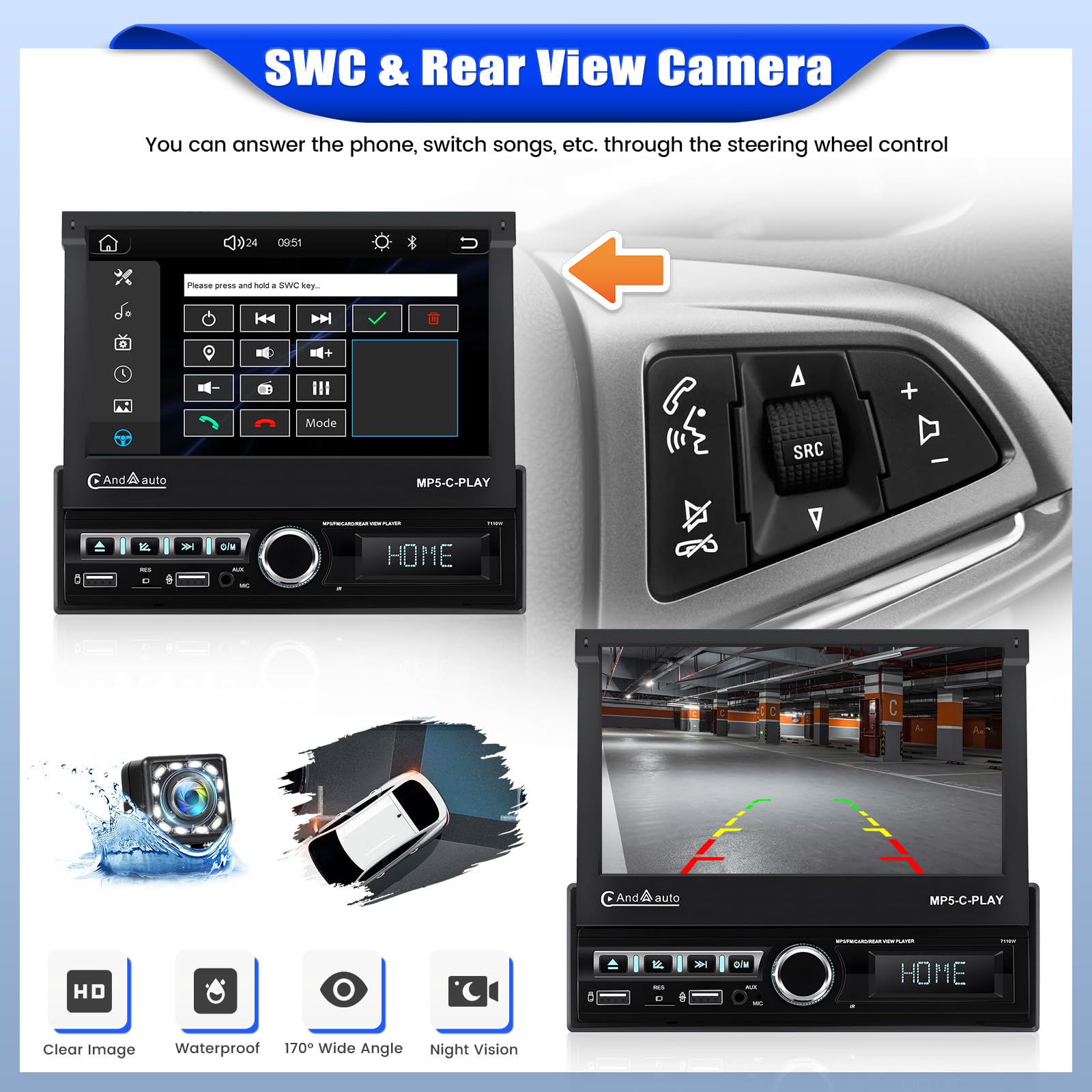 CAMECHO Autoradio 1 Din avec sans Fil Carplay & Android Auto, Ecran Motorisé Extensible Rétractable de 7 Pouces Poste Radio Voiture avec Mirror Link Bluetooth FM/RDS EQ USB AUX SWC Caméra de recul+MIC