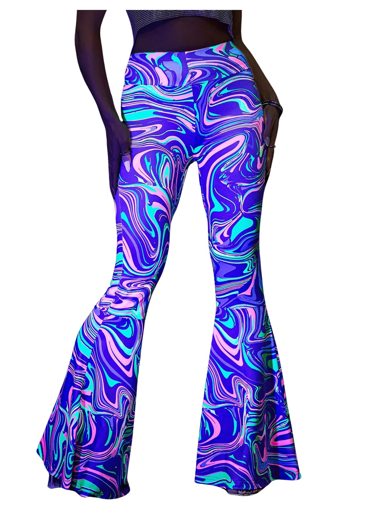 GORGLITTER Womens Neon Rave Pants Flared Leggings Bell Bottom Y2k 70s Festival Outfit Cute Hippie Disco Trousers