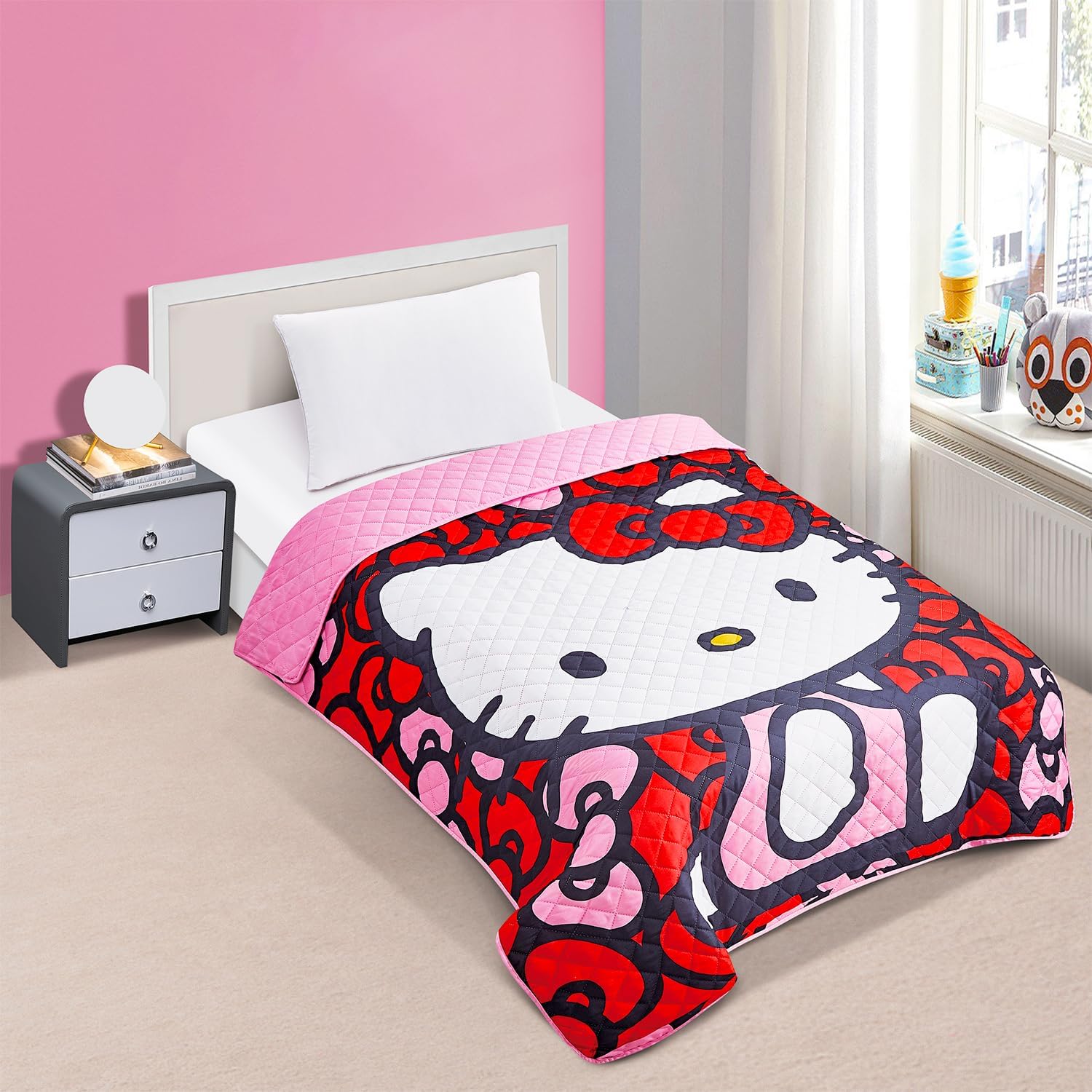 Hello Kitty Bedding Set - Bundle with Hello Kitty Bedspread for Twin Bed Plus Pusheen Decals, More | Hello Kitty Bedroom Decor for Girls