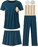 5 Piece Maternity Nursing Pajamas Pregnancy Pjs Sets Breastfeeding Sleepwear for Women, Nursing Breast Pads & Socks