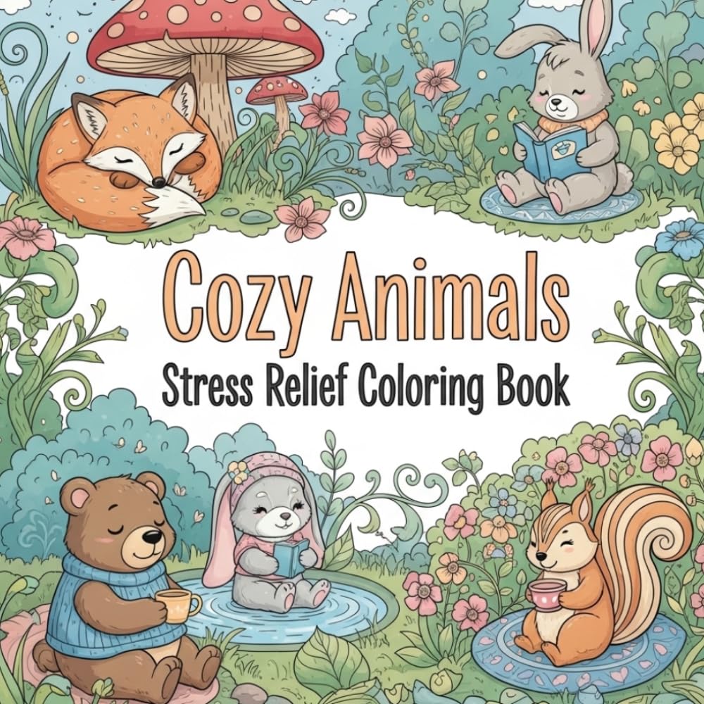 Cozy Animals Stress Relief Coloring Book: 8.5x8.5 Large Print Relaxing Animal Designs | 60 Pages | Adult & Teen Coloring Book for Anxiety Relief and Mindfulness