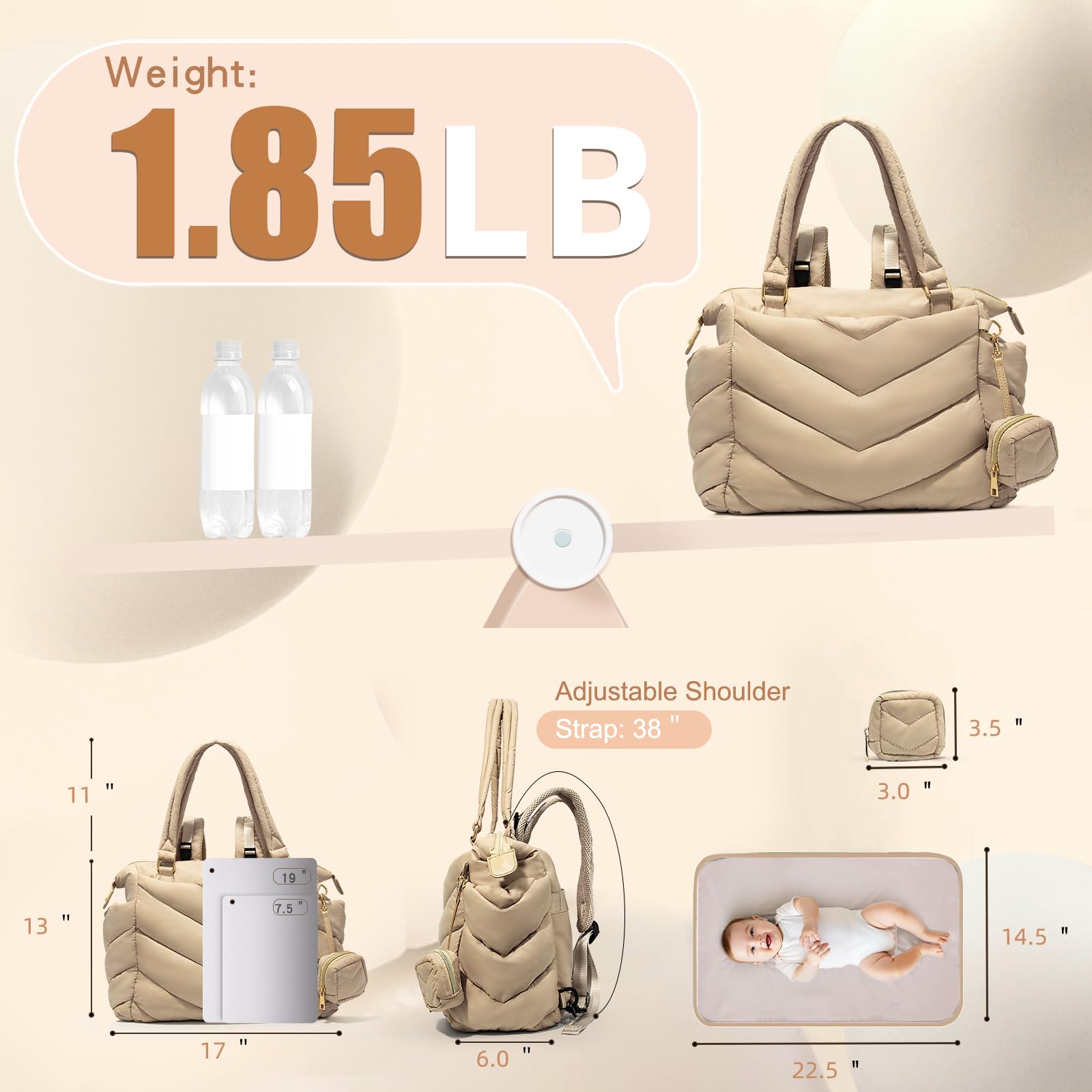 MISS FONG Borsa per il cambio del bambino, grande borsa fasciatoio con ampia apertura, zaino da viaggio con fasciatoio pieghevole, cinghie per passeggino, custodia per ciuccio per mamme e papà