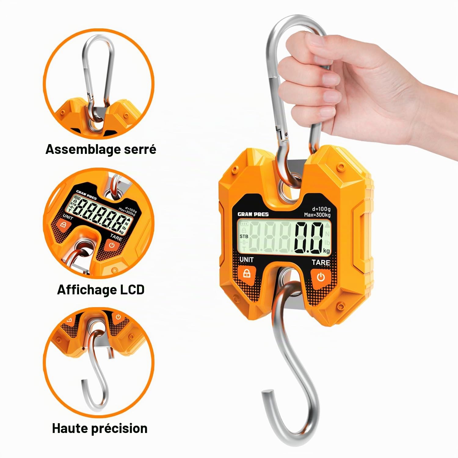 GRAM PRES Balance numérique suspendue 660 lb/300 kg, mini balance de grue portable, balance numérique avec crochet pour la ferme, le poisson, la viande, le gibier, les bagages, l'extérieur