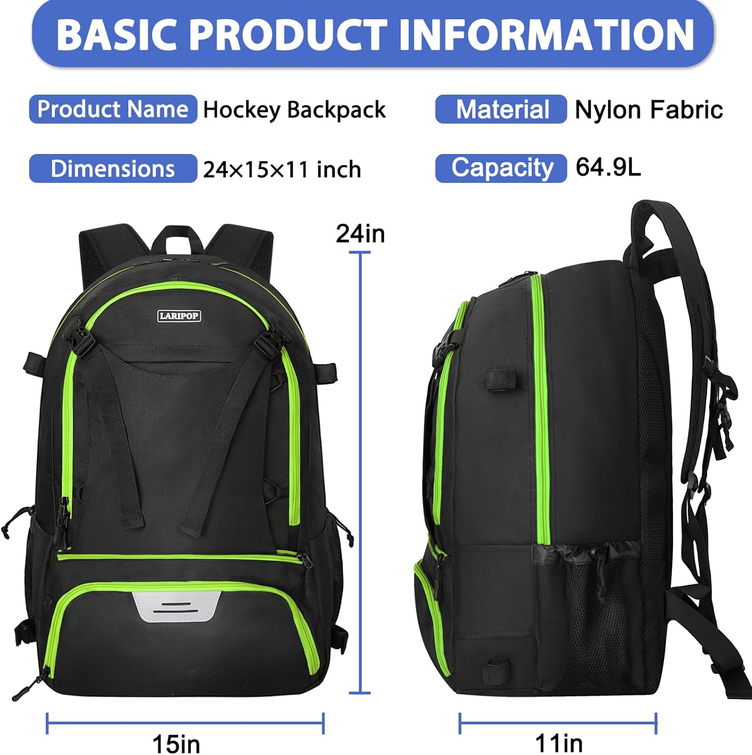 LARIPOP Lacrosse Bag Extra Large Backpack with Stick Holders & Helmet Compartment for Men Women Youth