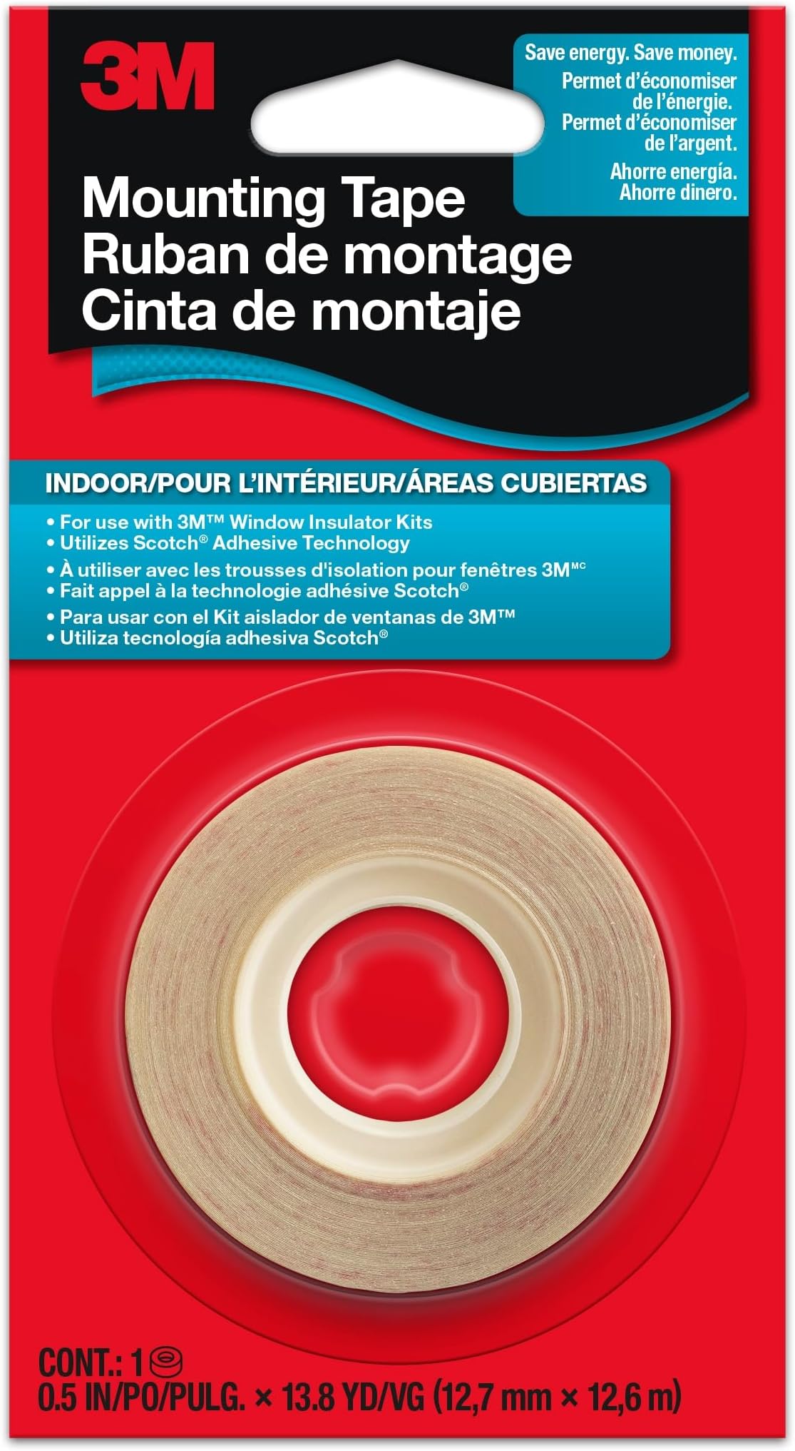 Window Film Mounting Tape, 1/2" in x 13.8 yd Roll, For Use with 3M Window Insulator Kits, Use on Painted Wood, Aluminum, and Vinyl-Clad Molding and More, Indoor Use, Easy to Apply (2145C)
