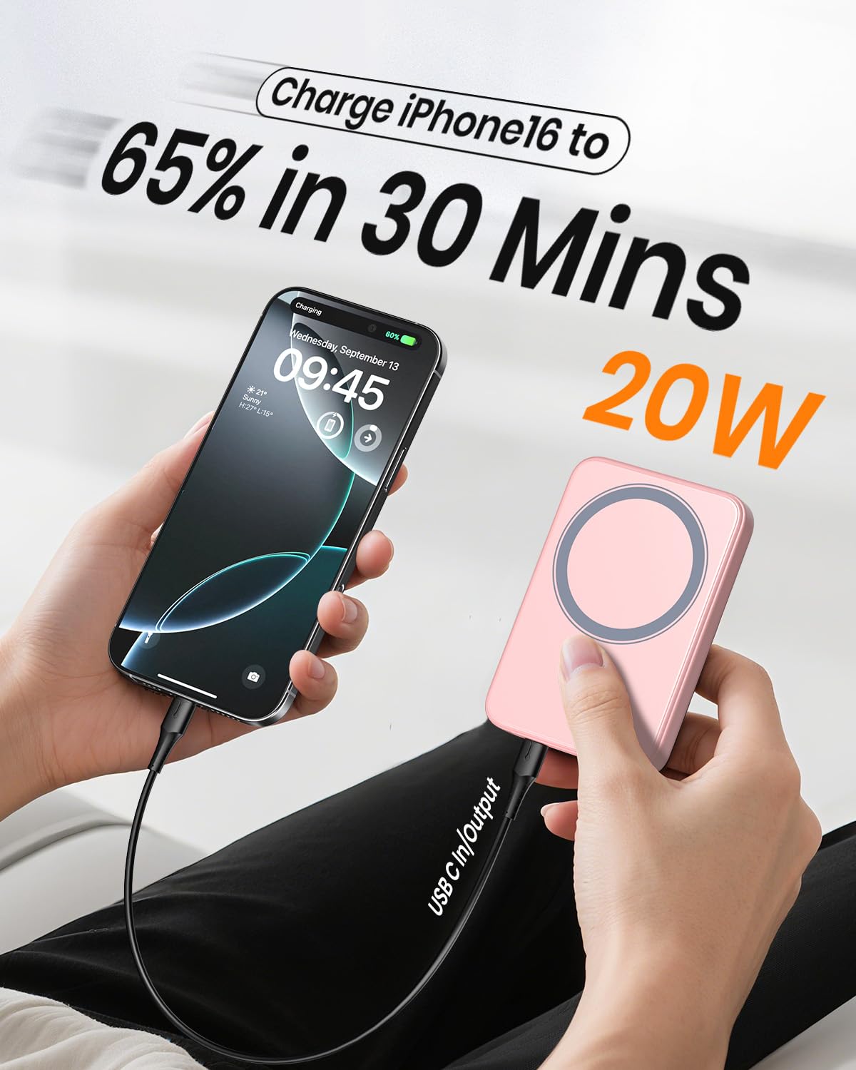 A ADDTOP Magnetic Power Bank 10 000 mAh - 20 W szybka ładowarka do iPhone'a, ładowarka magnetyczna, ultracienka, bezprzewodowa ładowarka z wejściem i wyjściem USB-C, wyświetlacz LED, zestaw