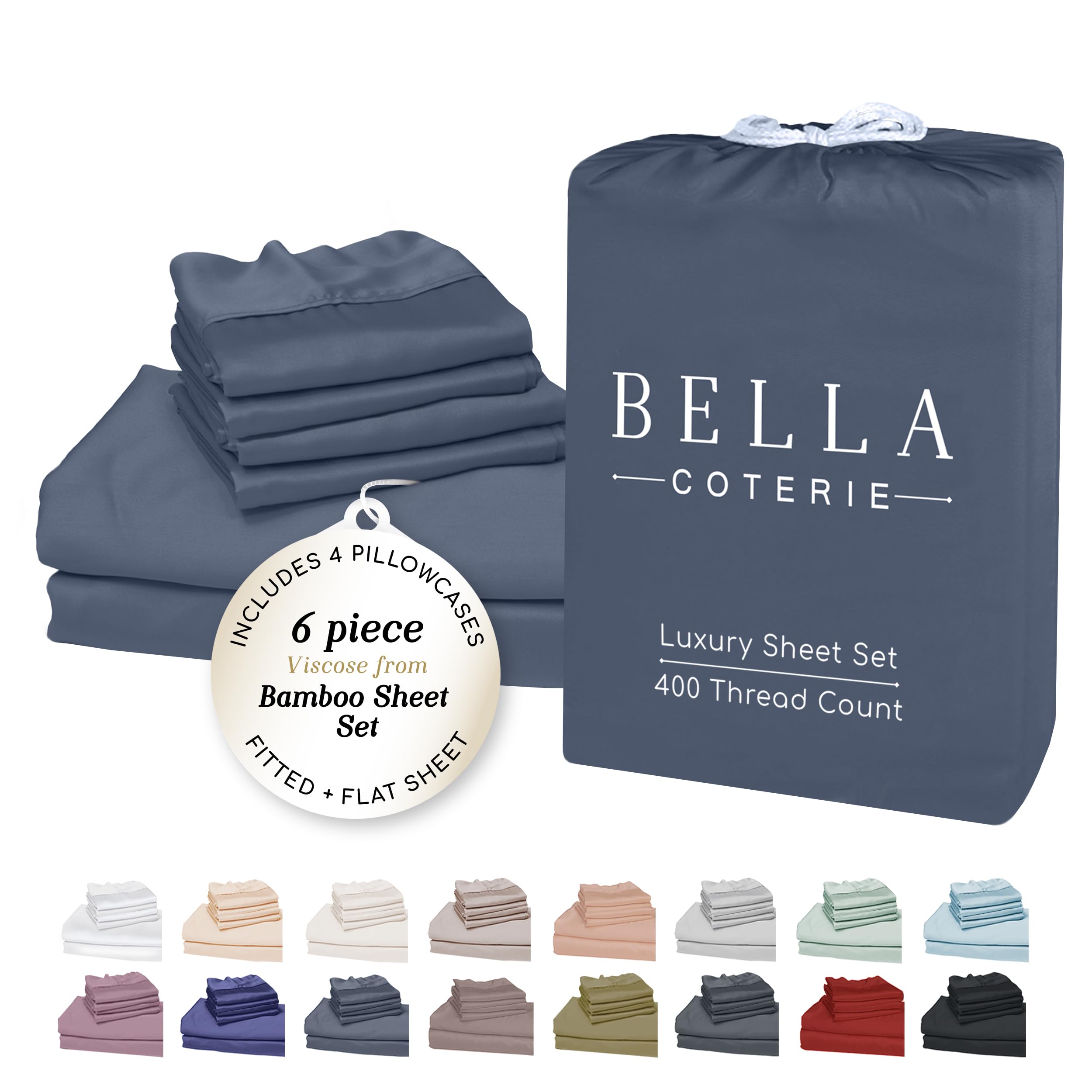 Bella Coterie 6 Piece Luxury Bamboo Viscose Queen Size Sheet Set | 100% Organically Grown | Cooling for Hot Sleepers | 18" Deep Pocket | Soft & Hypoallergenic | 4 Pillowcases [Slate Blue]