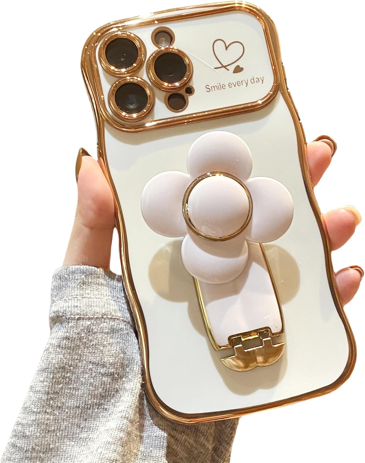 Compatible with iPhone 16 Pro Max Case with Stand 360° Rotatable Relief Flower Ring Holder, Hidden Pull Phone Kickstand, Luxury Gilt Edge Line, Cute Wavy Design for Women and Girly