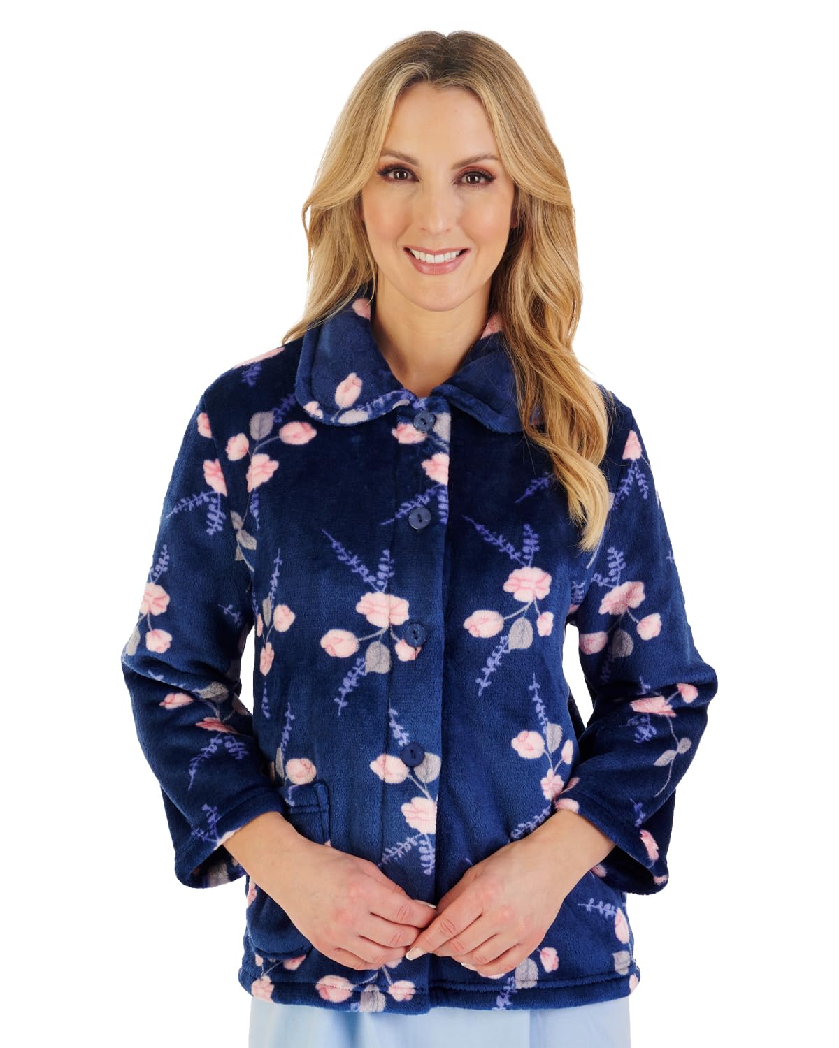 Slenderella Women's Navy Camellia 3/4 Sleeve Button Through Fleece Bedjacket (10/12, )