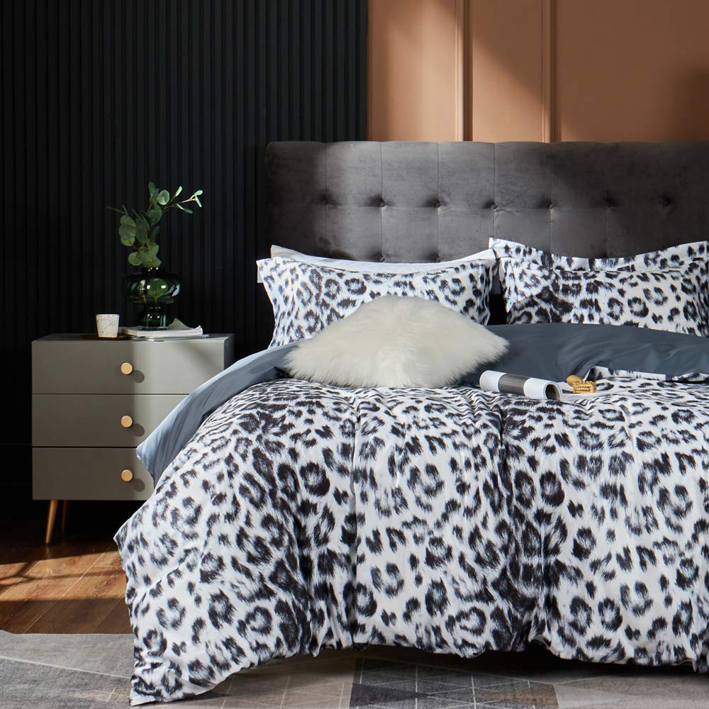 MILDLY 100% Long Staple Cotton Duvet Cover Set Leopard Print Designed Pattern Comforter Cover Set White & Black Cheetah Animal